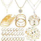 IFKM Gold Plated Jewelry Set for Women,14k Gold Plated Multi Layer Necklaces Stackable Bangle Bracelets Stackable Rings Hoop Earrings Set Anniversary Trendy Elegance Charms Anniversary Birthday Jewelry Gift