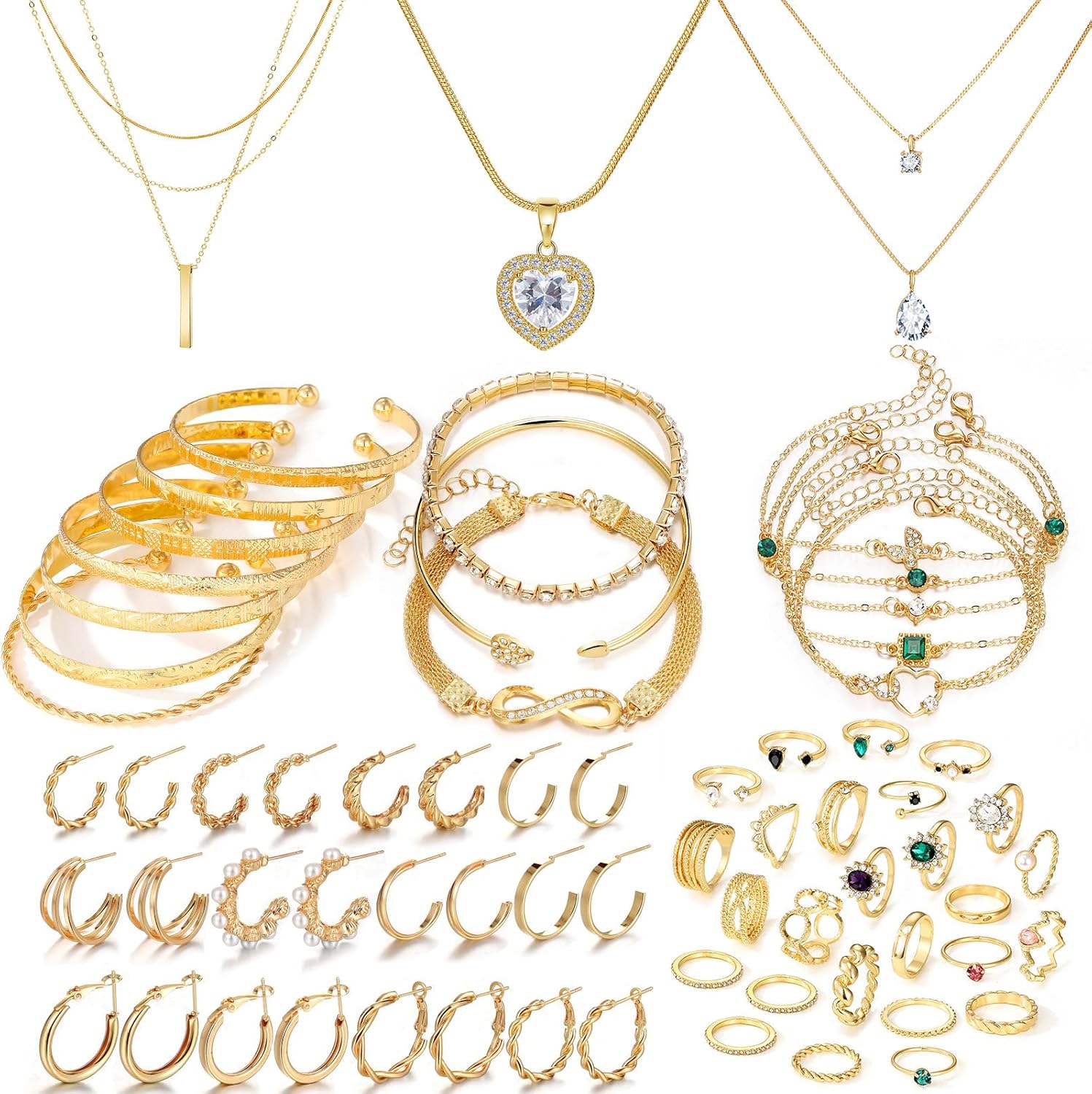 IFKM Gold Plated Jewelry Set for Women,14k Gold Plated Multi Layer Necklaces Stackable Bangle Bracelets Stackable Rings Hoop Earrings Set Anniversary Trendy Elegance Charms Anniversary Birthday Jewelry Gift