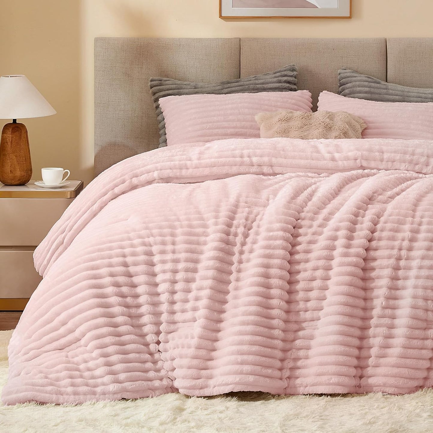 BEDELITE Fleece Comforter Set -Super Soft & Warm Fluffy Cream White Bedding, Luxury Fuzzy Heavy Bed Set for Winter with 2 Pillow Cases