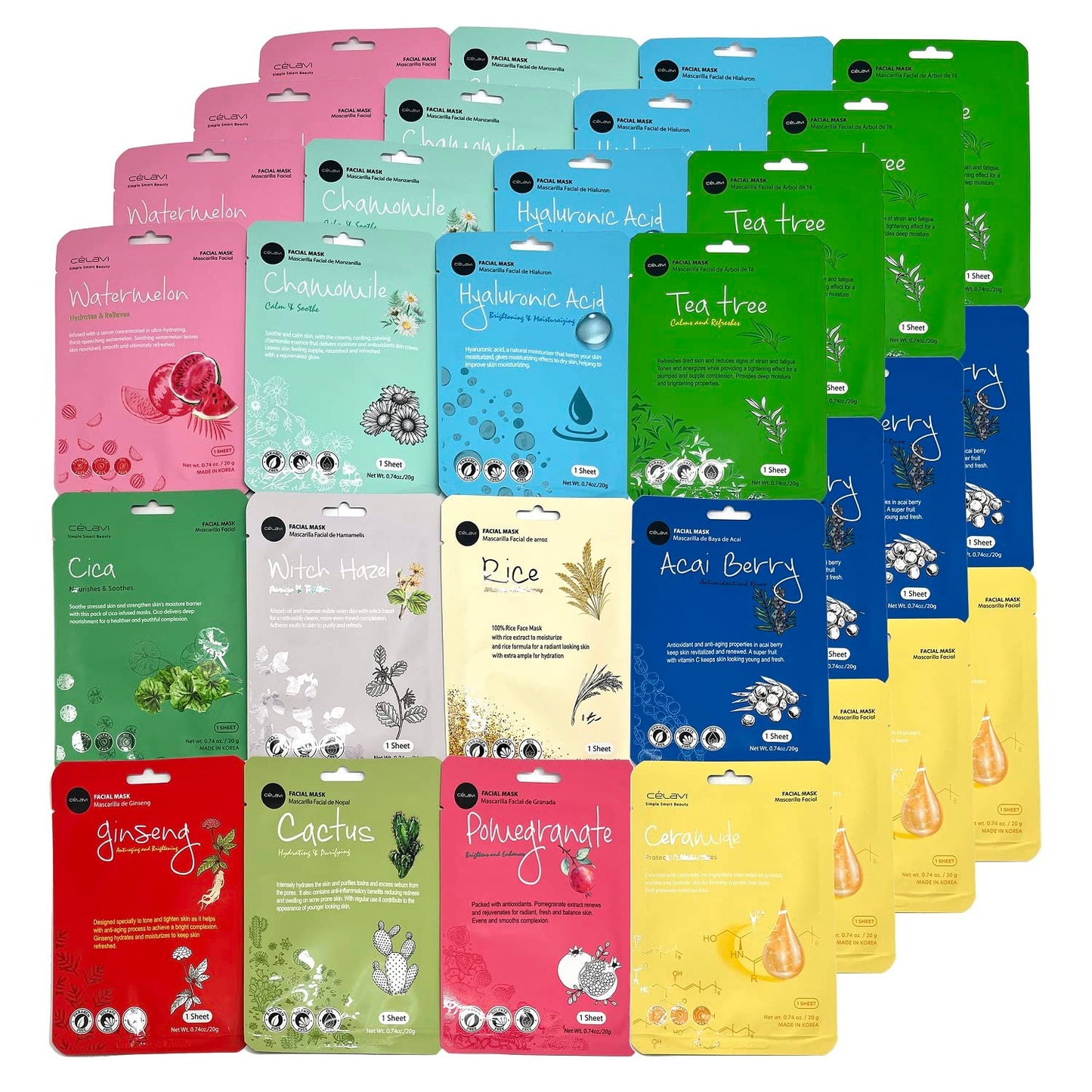 Celavi Essence Facial Sheet Face Mask Variety Set Classic Authentic Korean Moisturizing Skincare (12-Packs)