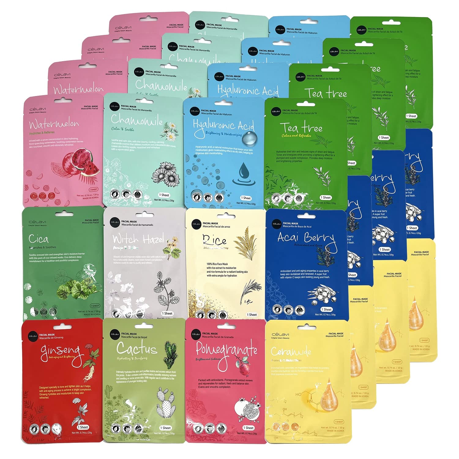 Celavi Essence Facial Sheet Face Mask Variety Set Classic Authentic Korean Moisturizing Skincare (12-Packs)
