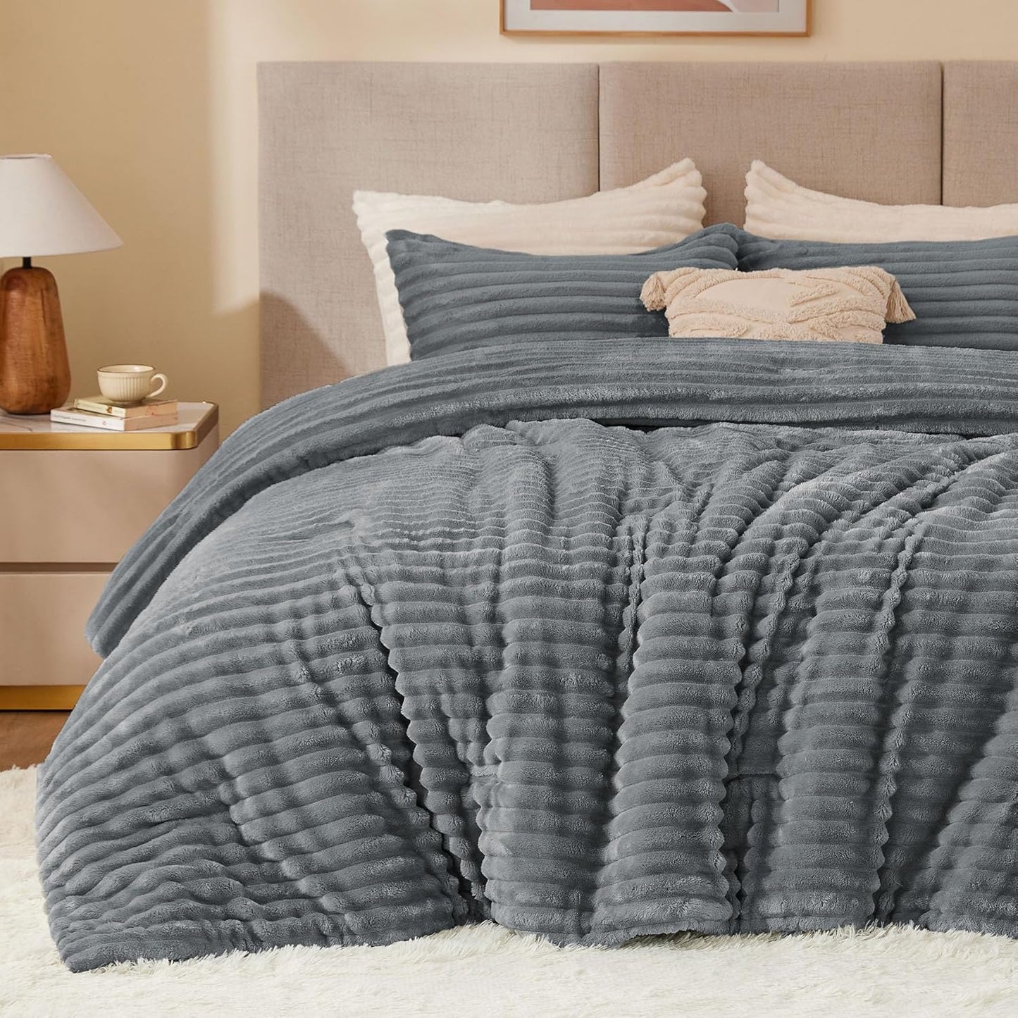 BEDELITE Fleece Comforter Set -Super Soft & Warm Fluffy Cream White Bedding, Luxury Fuzzy Heavy Bed Set for Winter with 2 Pillow Cases