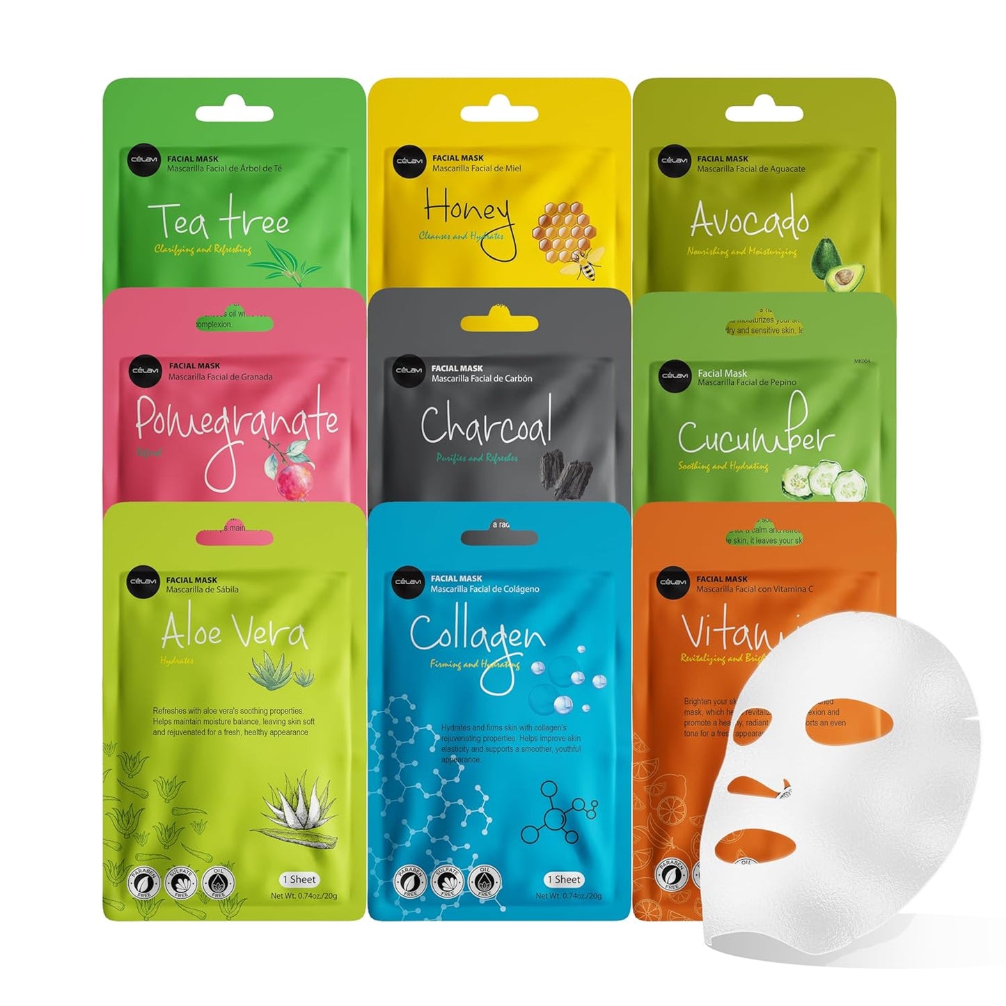 Celavi Essence Facial Sheet Face Mask Variety Set Classic Authentic Korean Moisturizing Skincare (12-Packs)