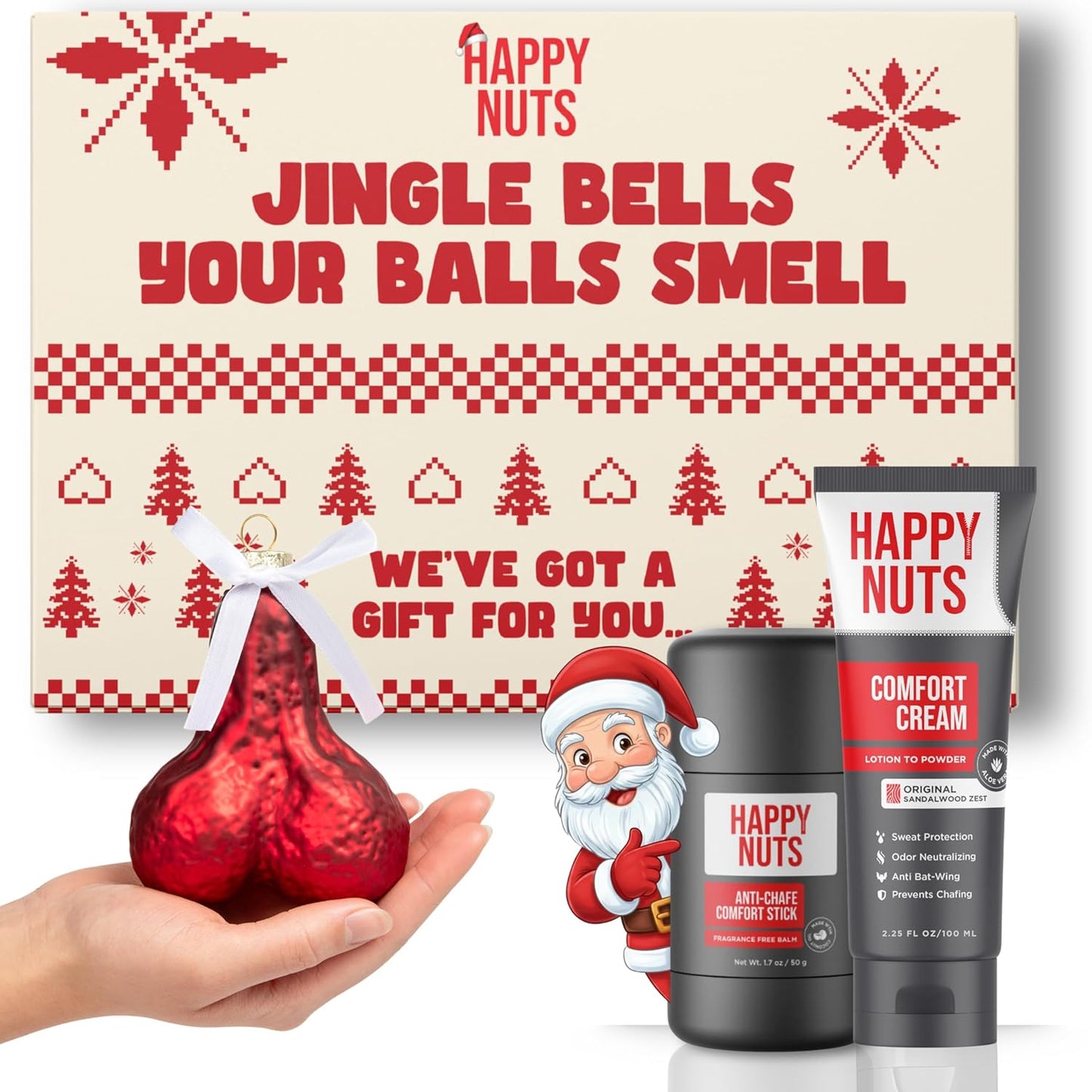 HAPPY NUTS Holiday Essentials Bundle Kit - Gift Box for Men with Comfort Cream, Hydrating Body Wash & Whole Body Deodorant - Mens White Elephant Gift Basket Idea for Him and Stocking Stuffer