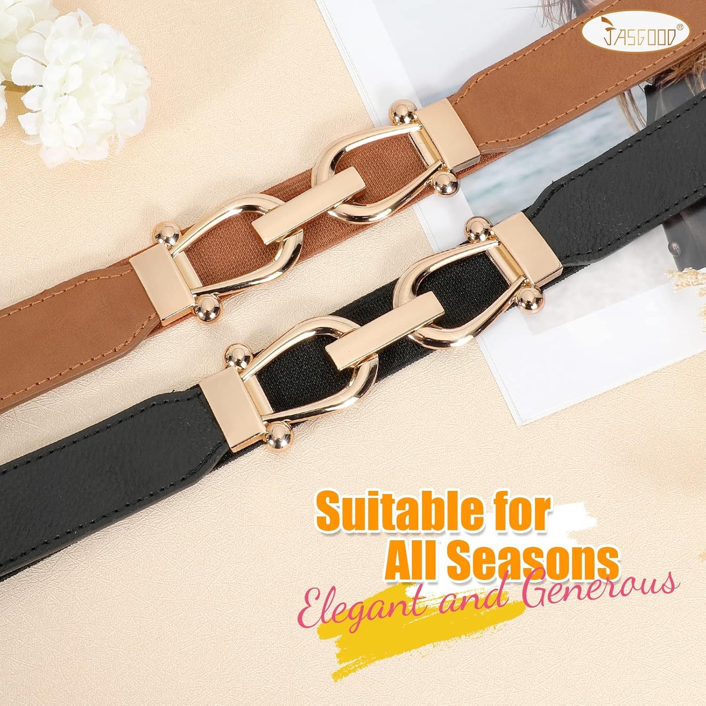 JASGOOD Women Stretchy Waist Belt Retro Elastic Skinny Belt for Ladies with Gold Buckle