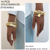FAXHION Gold Bangle Bracelets for Women, 14 Pcs Multi Layer Stackable Bangle Set, 14K Gold Plated Textured Chunky Bracelets Boho Jewelrys Set