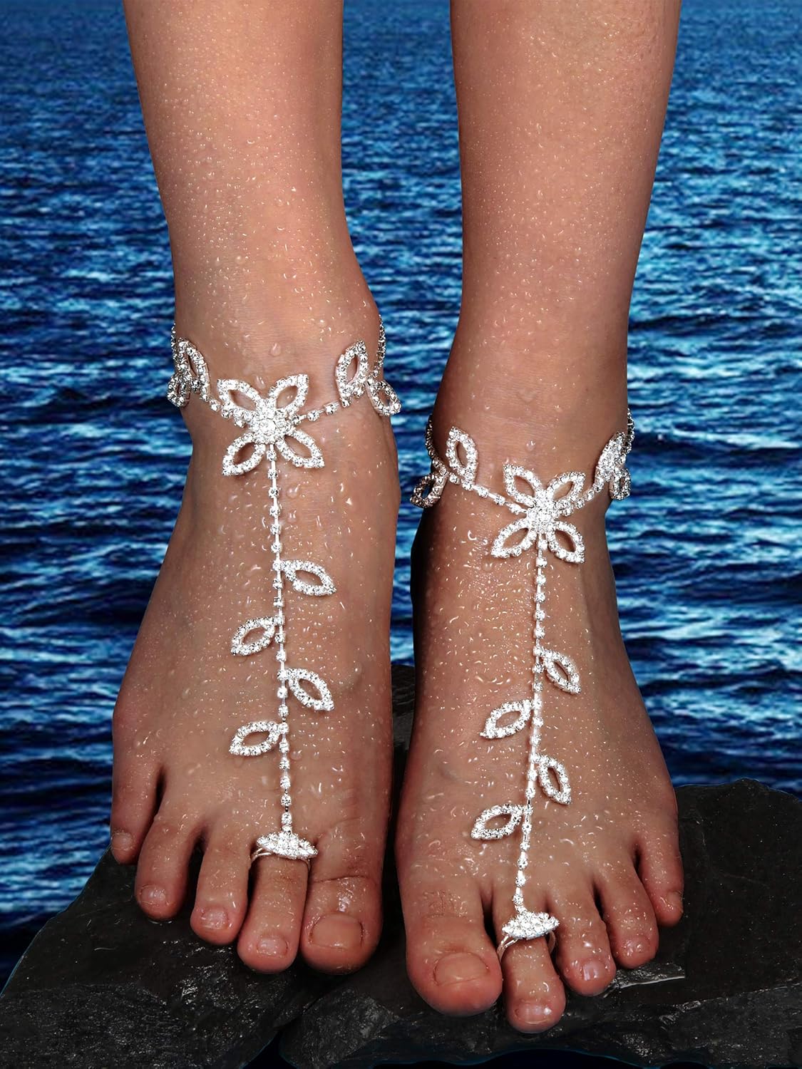 Hicarer 6 Pcs Foot Jewelry Barefoot Sandals for Women Rhinestone Anklets Bohemian Foot Chain for Beach Wedding Valentine