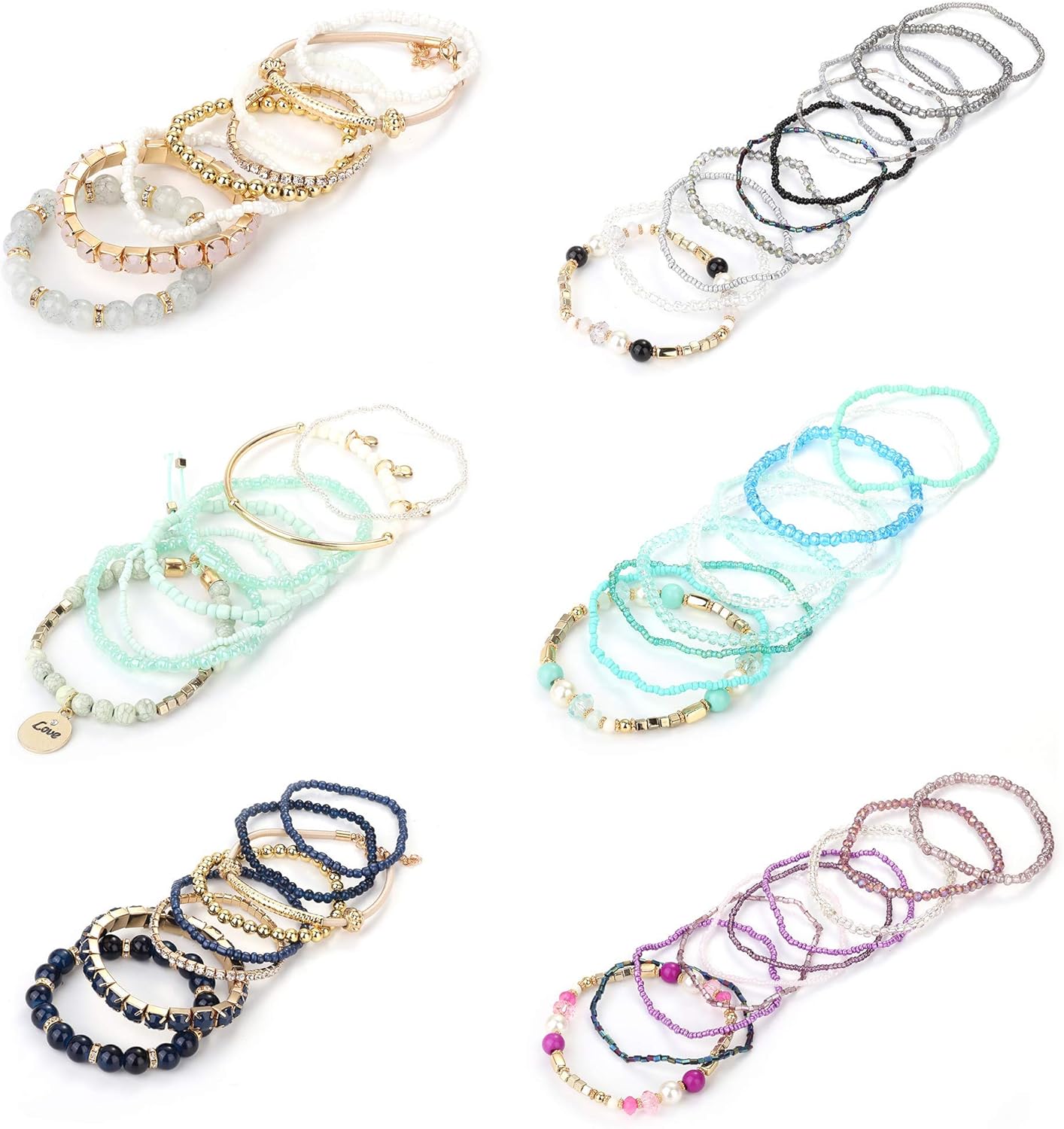 LOYALLOOK 6 Sets Bohemian Stackable Bead Bracelets for Women Stretch Bohemian Style Stretch Multilayered Boho Bracelet Set