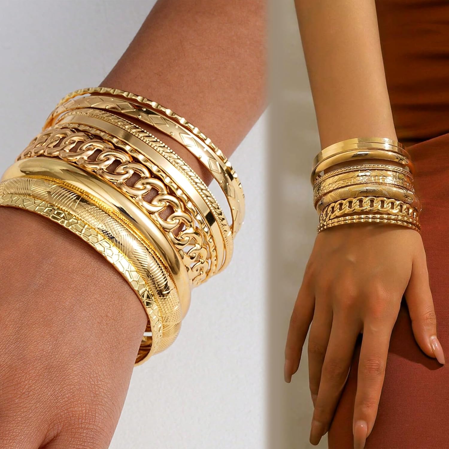 ÌF ME Gold Bangle Bracelets for Women, Indian Bangles Stackable Set, Multi Layer Textured 14K Gold Plated Chunky Bracelets Boho Jewelrys Set