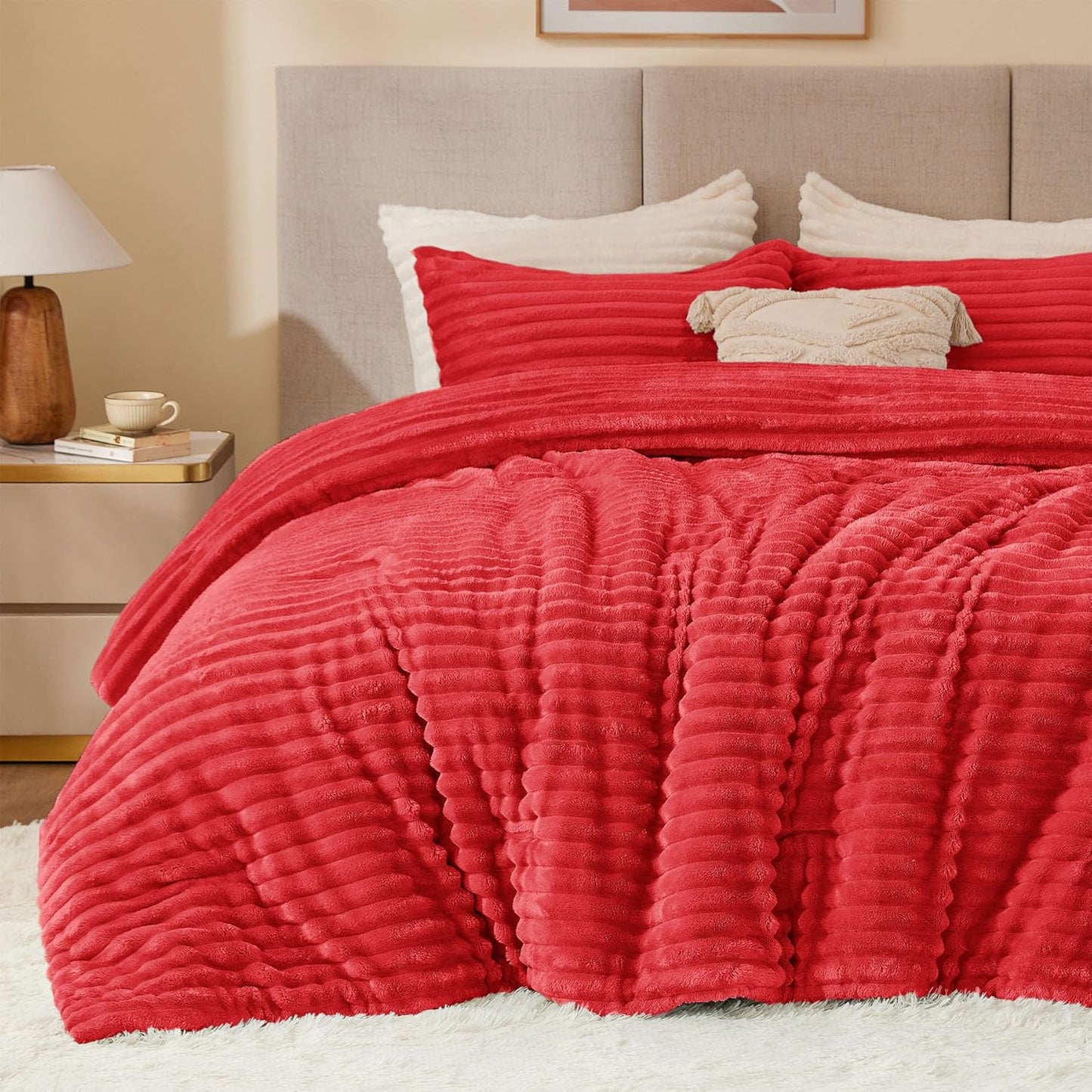 BEDELITE Fleece Comforter Set -Super Soft & Warm Fluffy Cream White Bedding, Luxury Fuzzy Heavy Bed Set for Winter with 2 Pillow Cases