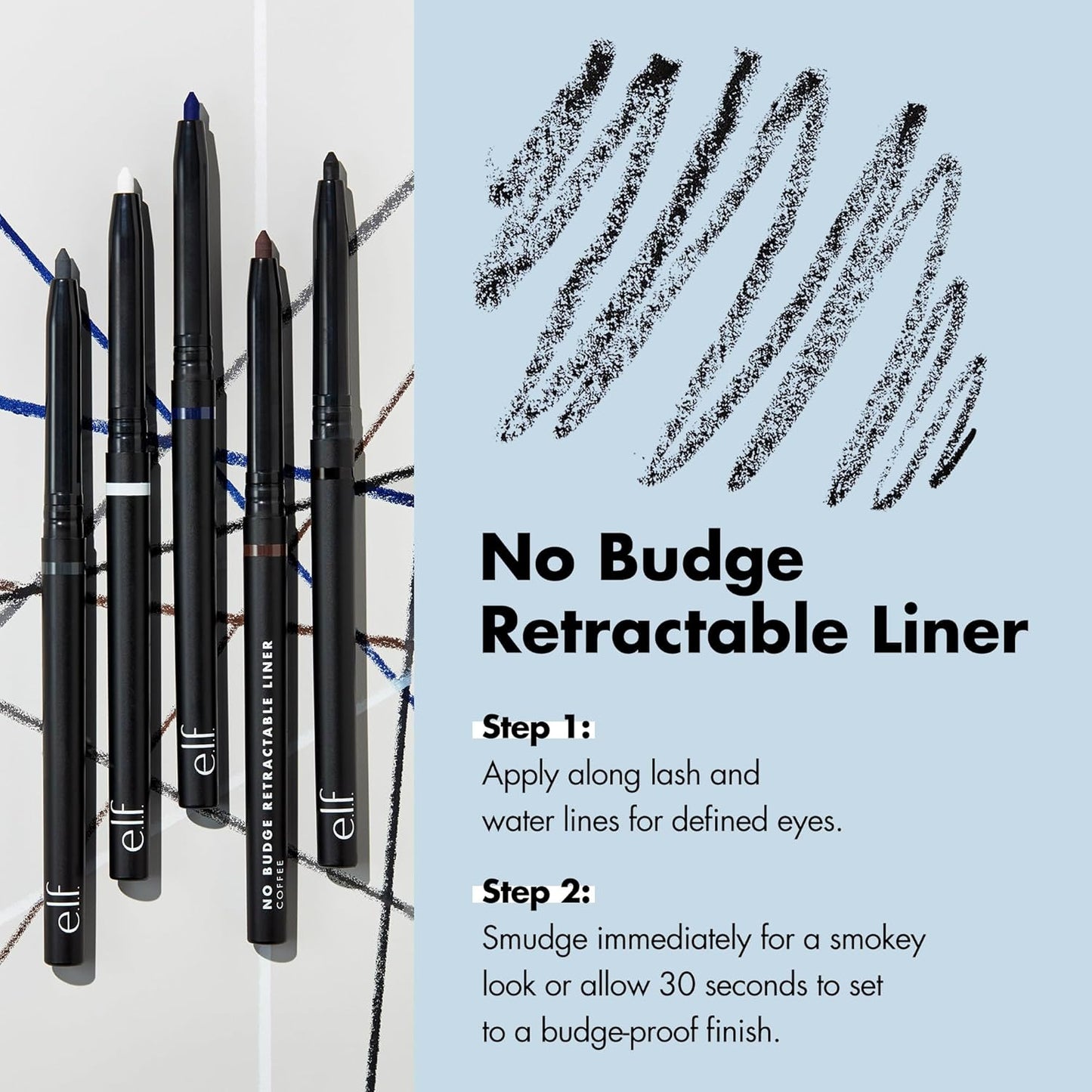 e.l.f. No Budge Retractable Eyeliner, Creamy, Ultra-Pigmented & Waterproof, Creates Bold & Defined Lines,  Cruelty-Free, Black
