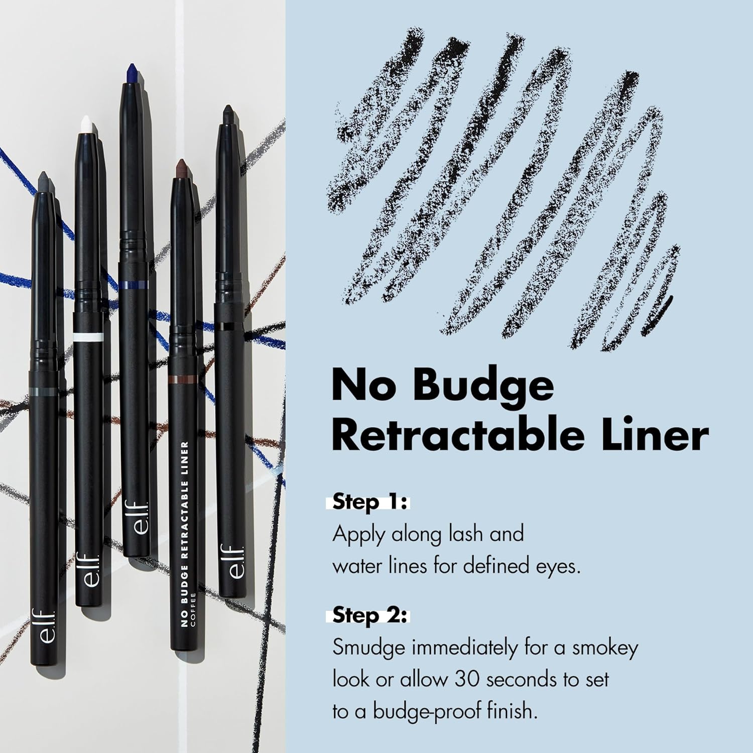 e.l.f. No Budge Retractable Eyeliner, Creamy, Ultra-Pigmented & Waterproof, Creates Bold & Defined Lines,  Cruelty-Free, Black