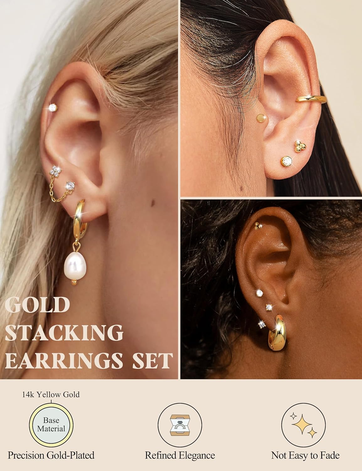 LOLIAS Flat Back Earrings for Women Hypoallergenic Surgical Steel Earrings for Sensitive Ears-20G Cartilage Earring Stacks 14K Gold Plated Hoops Flatback Stud Earring Sets for Multiple Piercing