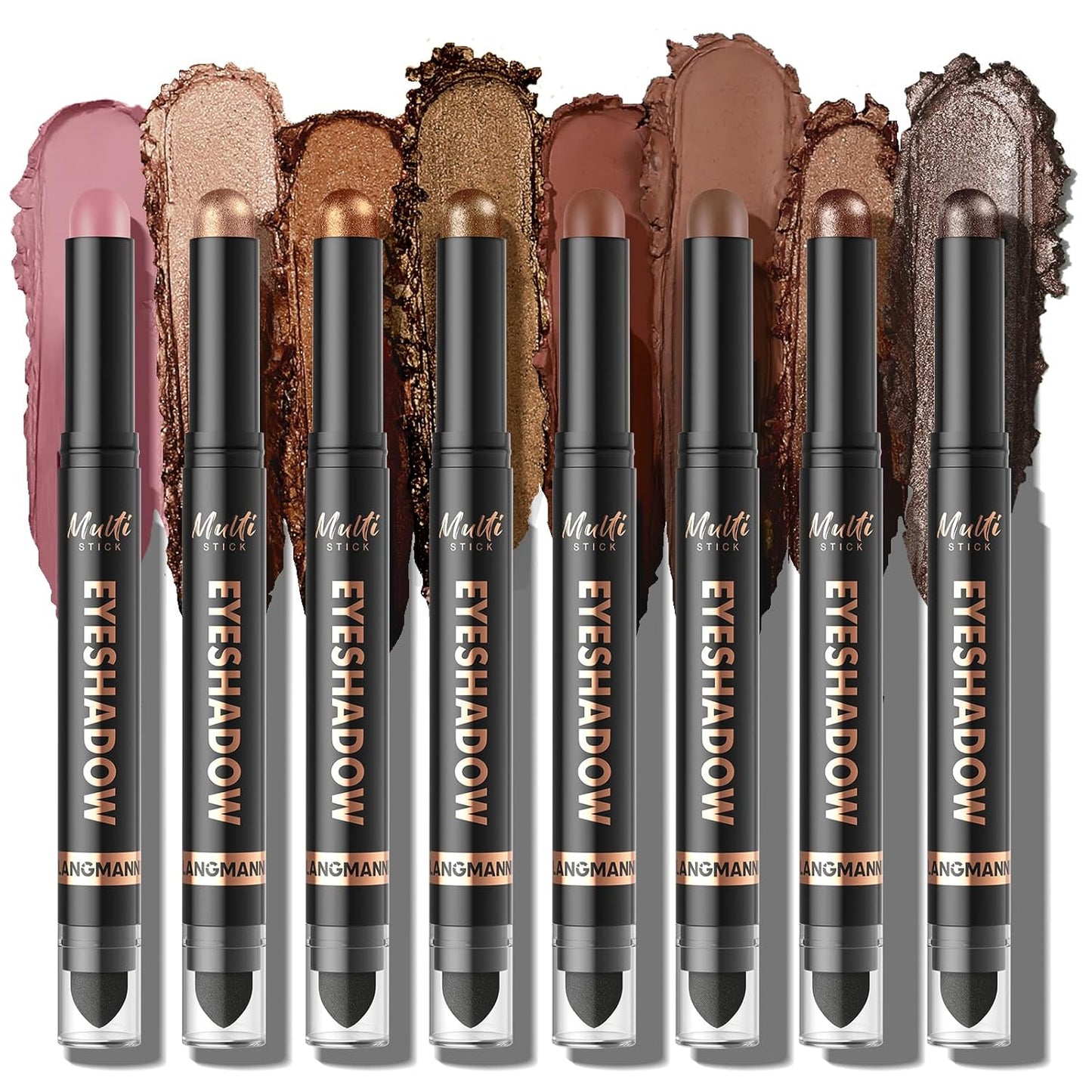 LANGMANNI 8Colors Dual-Ended Cream Eyeshadow Stick Set – Silky Smooth, Waterproof & Transfer-Proof, Built-in Blender Brush, All-Day Matte & Shimmer Wear Eye Makeup(#A)