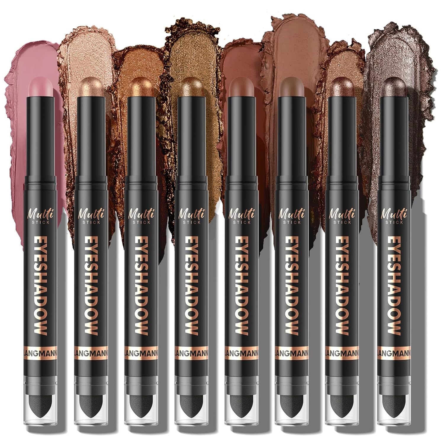 LANGMANNI 8Colors Dual-Ended Cream Eyeshadow Stick Set – Silky Smooth, Waterproof & Transfer-Proof, Built-in Blender Brush, All-Day Matte & Shimmer Wear Eye Makeup(#A)