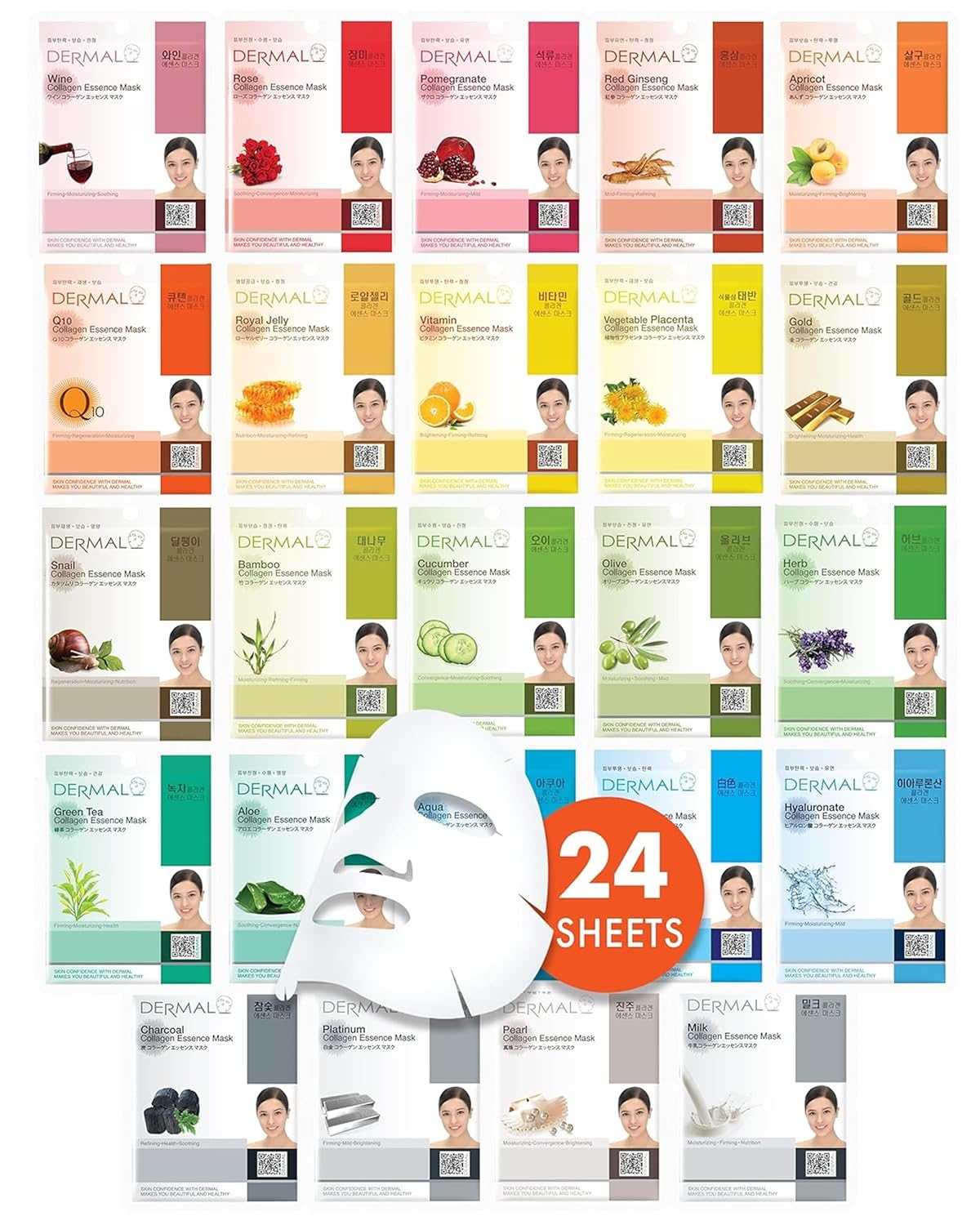 DERMAL 24 Combo Pack Made in Korea Facial Mask – 20+ Years of K-Beauty Experience, Premium Quality Korean Sheet Masks for Daily Skincare Routine