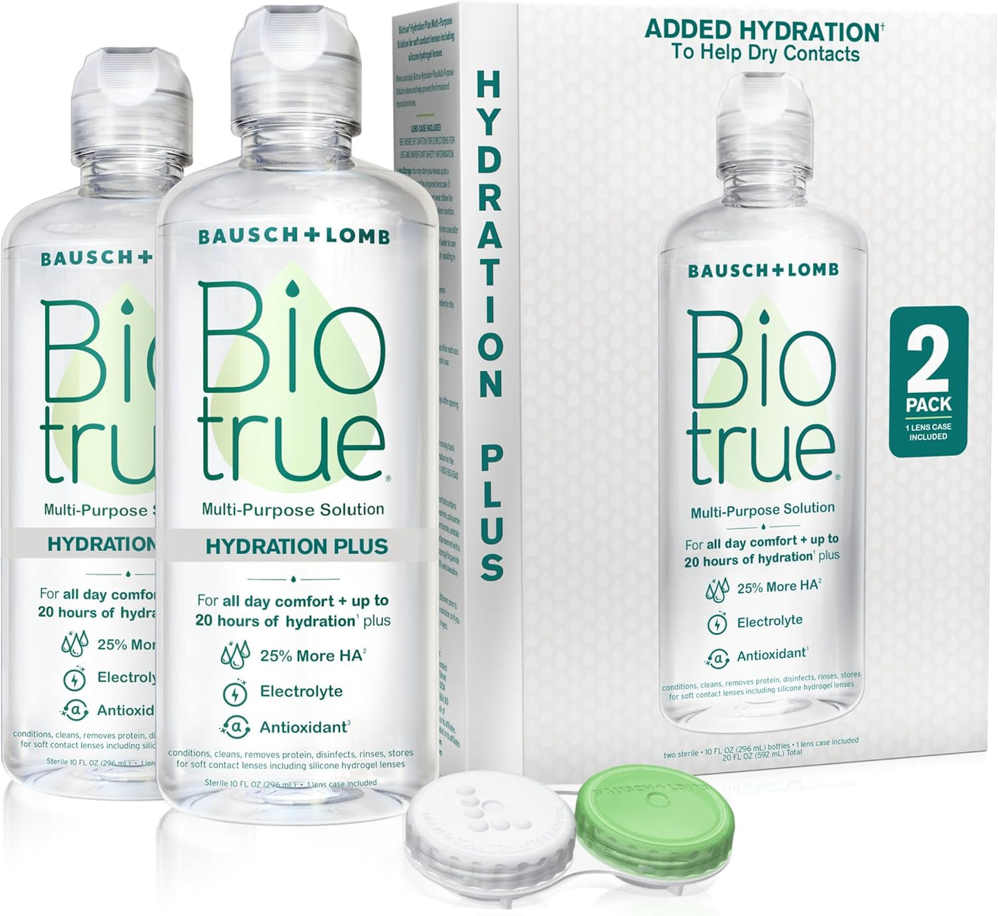 Biotrue Hydration Plus Contact Lens Solution with Lens Case, Multi-Purpose Solution for Soft Lenses, Hydrates with Hyaluronan, Cleans, Clears, and Disinfects for All-Day Comfort, 10 Fl Oz (Pack of 2)