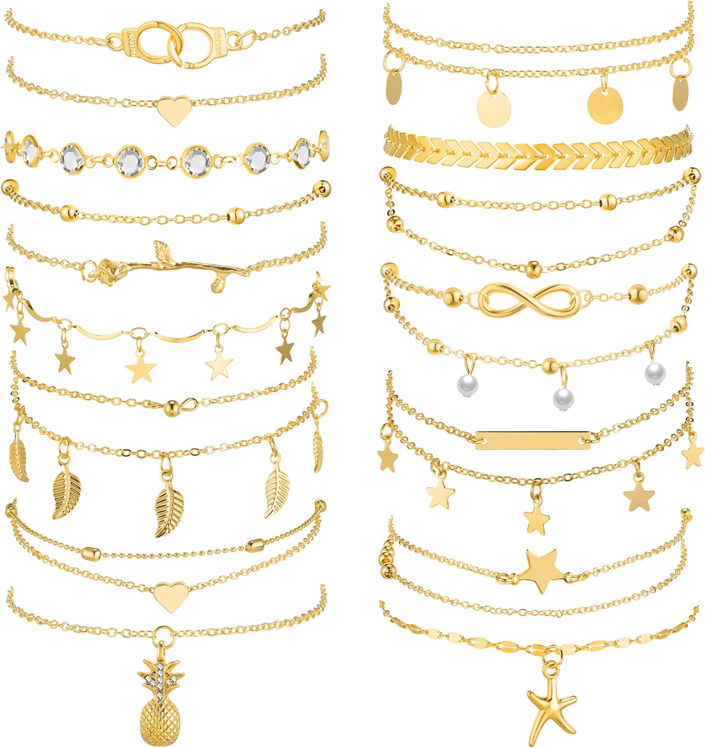 Hicarer 16 Pieces Ankle Bracelets 14K for Women Anklets Set Boho Beach Anklets Foot Chains Adjustable Foot Hand Jewelry Romantic Gift