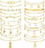 Hicarer 16 Pieces Ankle Bracelets 14K for Women Anklets Set Boho Beach Anklets Foot Chains Adjustable Foot Hand Jewelry Romantic Gift