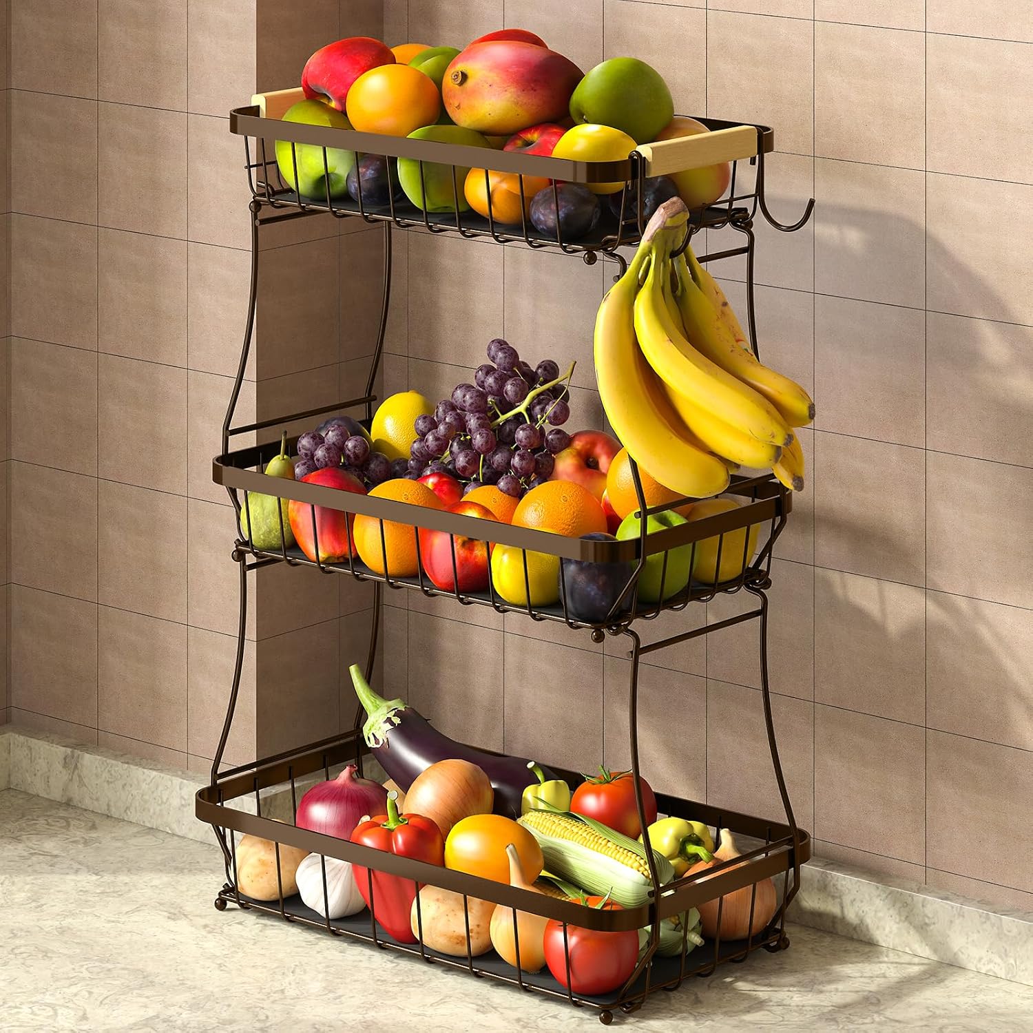 2 Tier Large Fruit Basket for Kitchen Counter with 2 Mobile Banana Hangers, 2025 Pro Detachable Metal Fruit Bowl with Wooden Handle, Fruit Holder for Bread Snack Veggies with Protective Mats