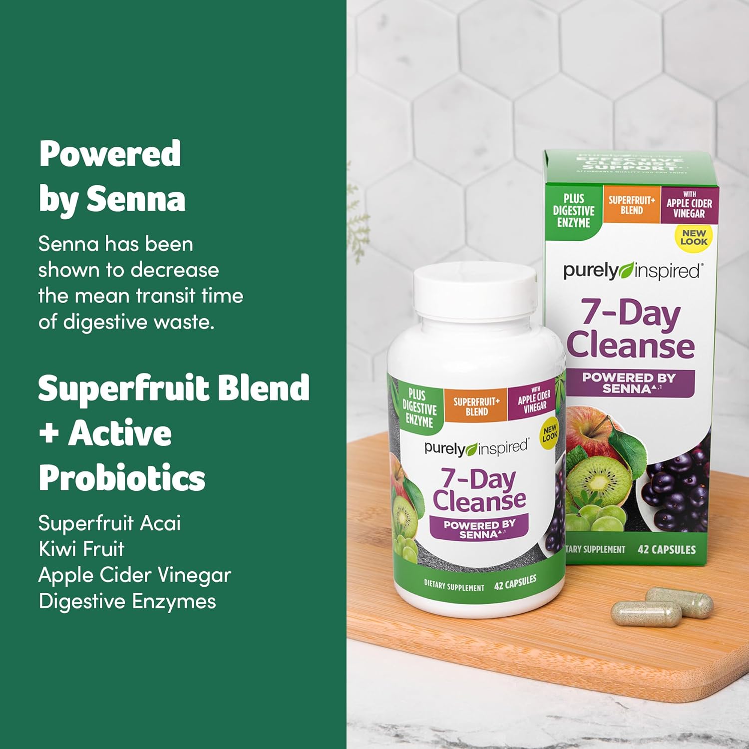 Purely Inspired 7-Day Detox Cleanse - Whole Body Cleanse & Detox Pills for Women & Men, Powered with Senna Leaf, Vitamin C, Cider Vinegar, Digestive Enzymes & Probiotics - 42 Acai Berry Capsules