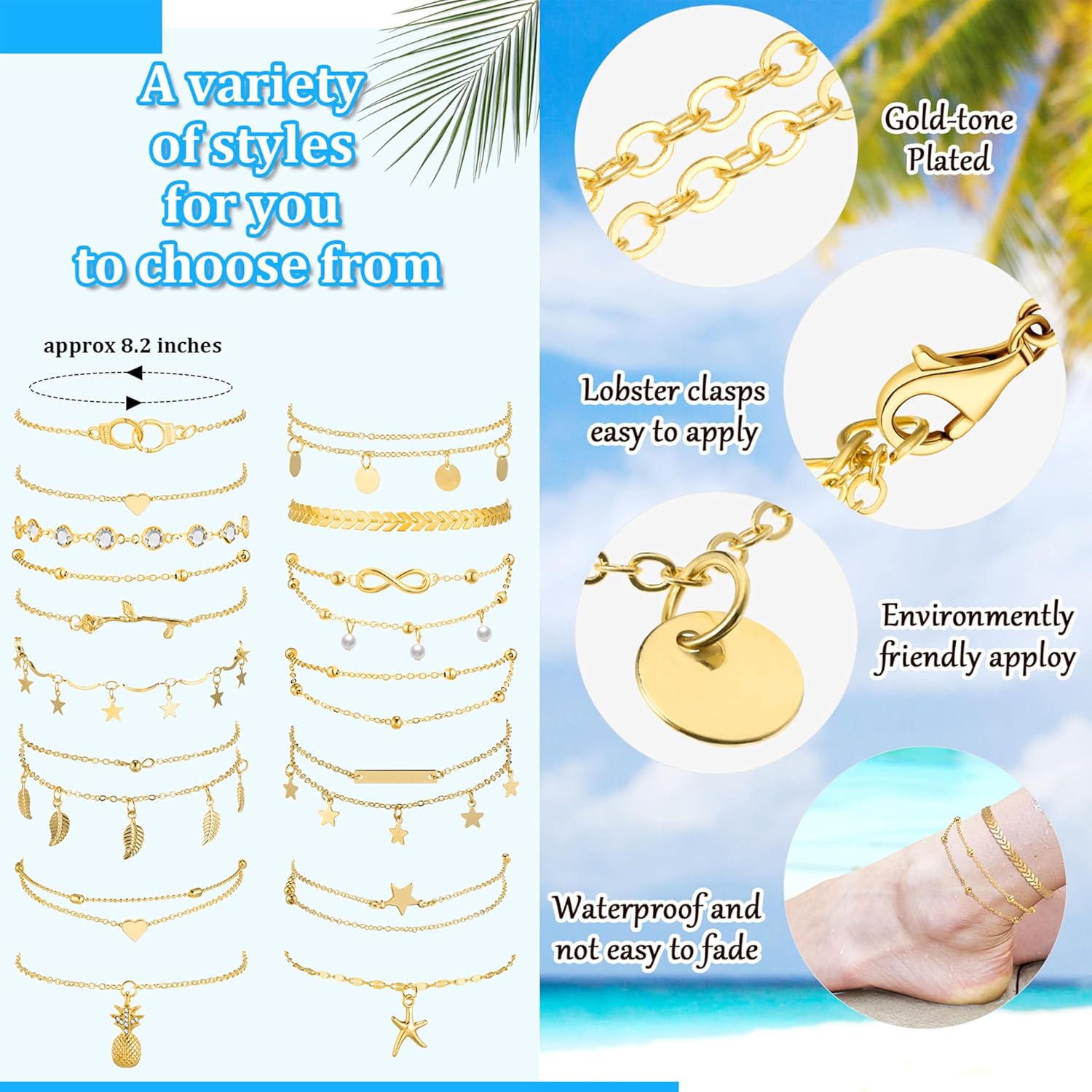 Hicarer 16 Pieces Ankle Bracelets 14K for Women Anklets Set Boho Beach Anklets Foot Chains Adjustable Foot Hand Jewelry Romantic Gift