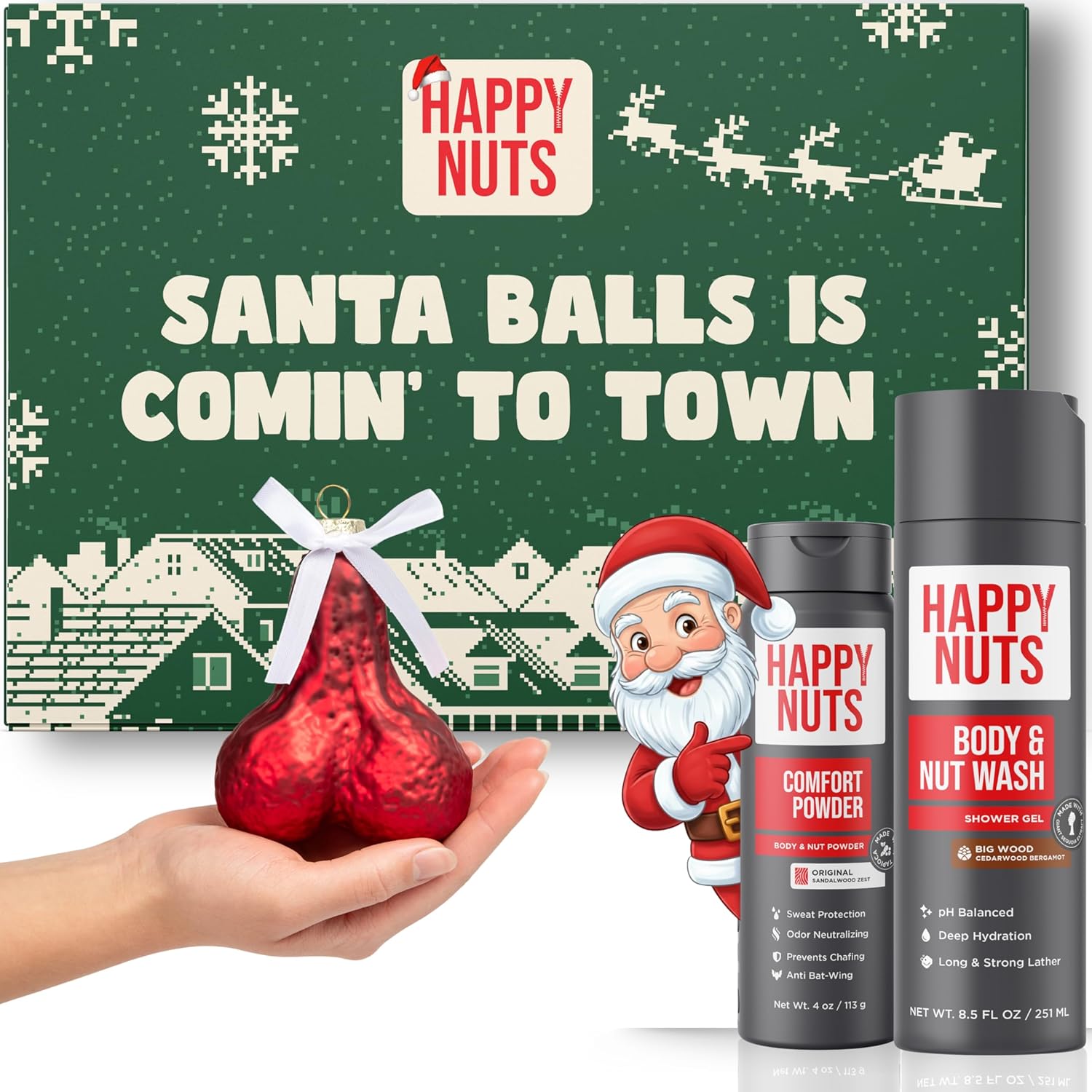 HAPPY NUTS Holiday Essentials Bundle Kit - Gift Box for Men with Comfort Cream, Hydrating Body Wash & Whole Body Deodorant - Mens White Elephant Gift Basket Idea for Him and Stocking Stuffer