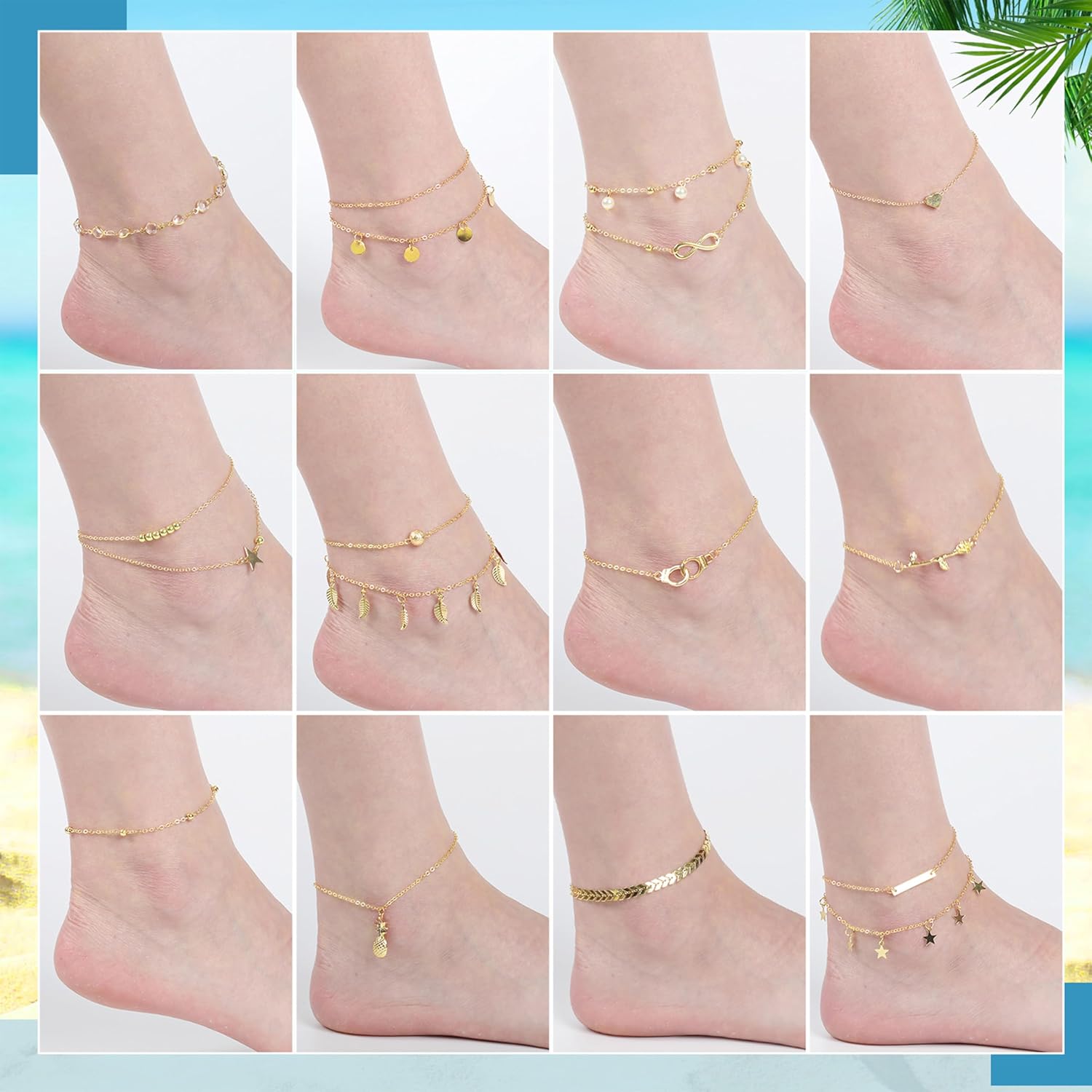 Hicarer 16 Pieces Ankle Bracelets 14K for Women Anklets Set Boho Beach Anklets Foot Chains Adjustable Foot Hand Jewelry Romantic Gift