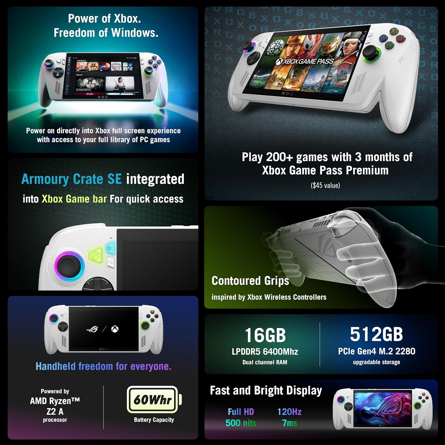 ASUS ROG  Ally – 7” 1080p 120Hz Touchscreen Gaming Handheld, 3-month Game Pass Premium included, AMD Ryzen Z2 A, 16GB RAM, 512GB SSD, White