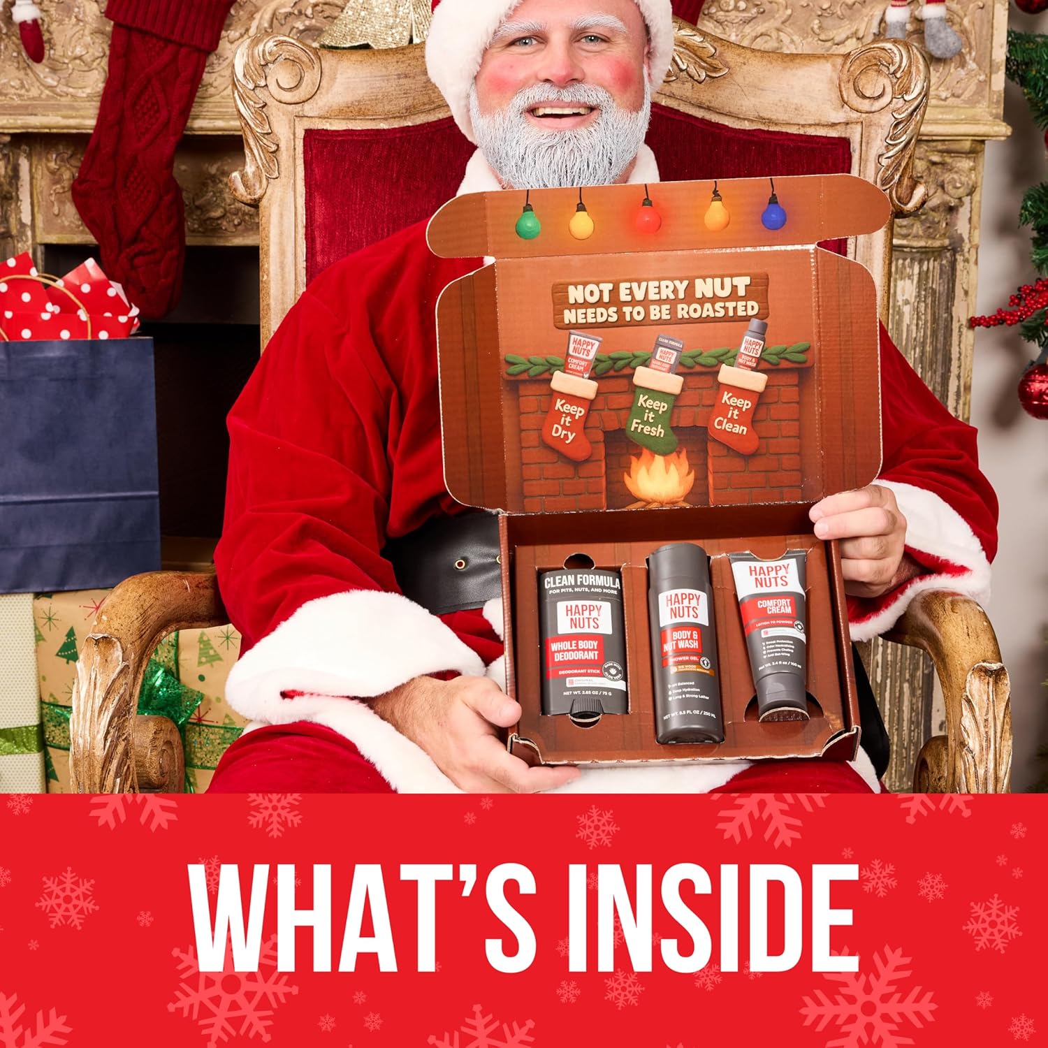 HAPPY NUTS Holiday Essentials Bundle Kit - Gift Box for Men with Comfort Cream, Hydrating Body Wash & Whole Body Deodorant - Mens White Elephant Gift Basket Idea for Him and Stocking Stuffer