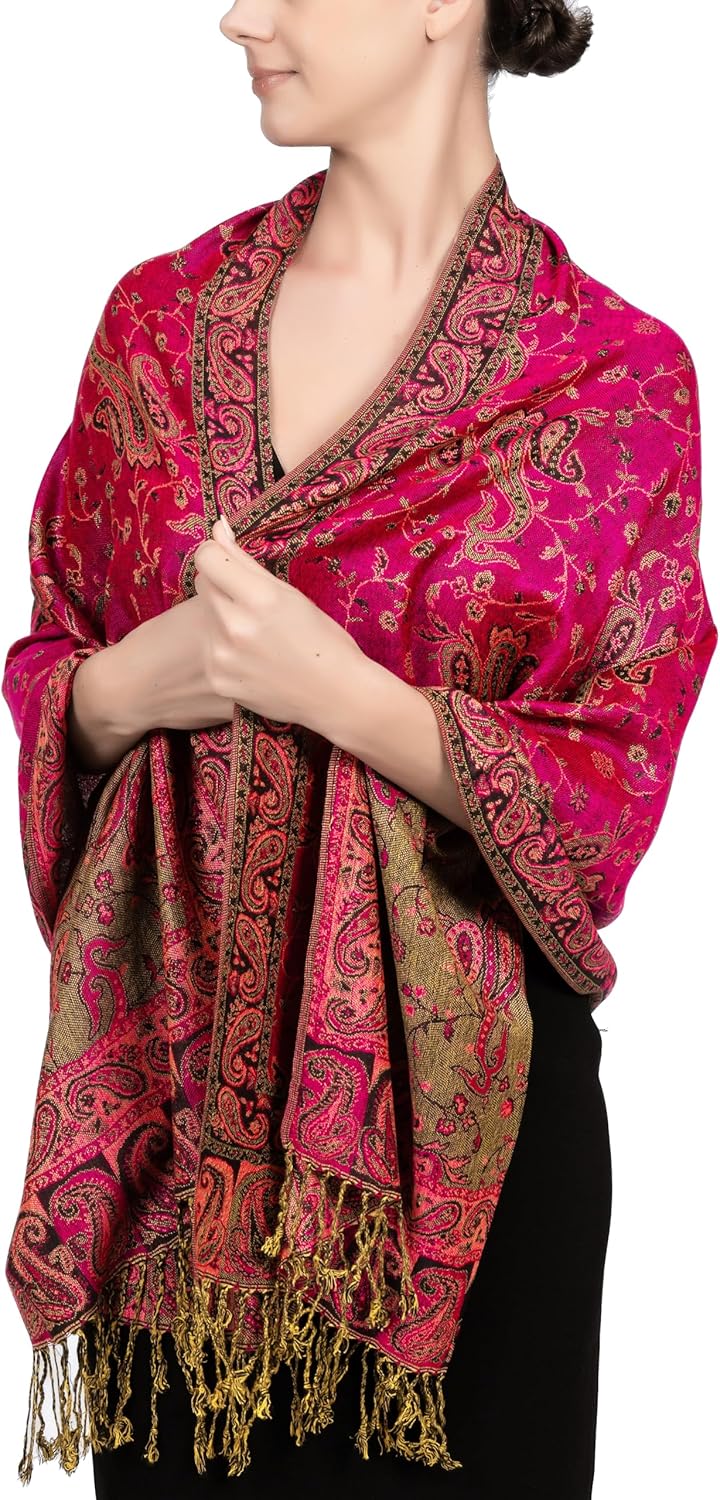 Achillea Reversible Paisley Pashmina Rave Scarf – Exotic Indian Shawls and Wraps for Evening Dresses, Festivals, All Seasons