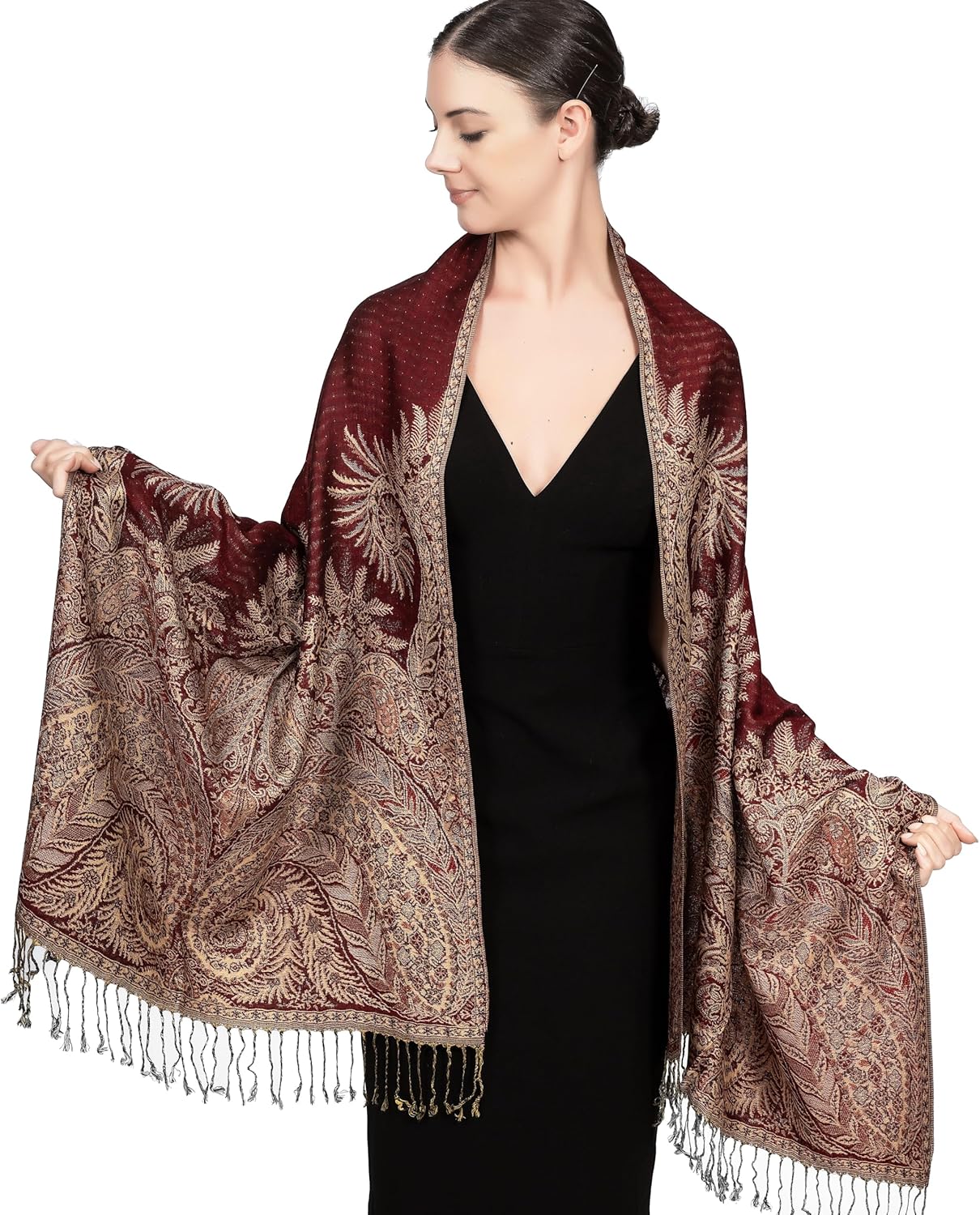 Achillea Reversible Paisley Pashmina Rave Scarf – Exotic Indian Shawls and Wraps for Evening Dresses, Festivals, All Seasons