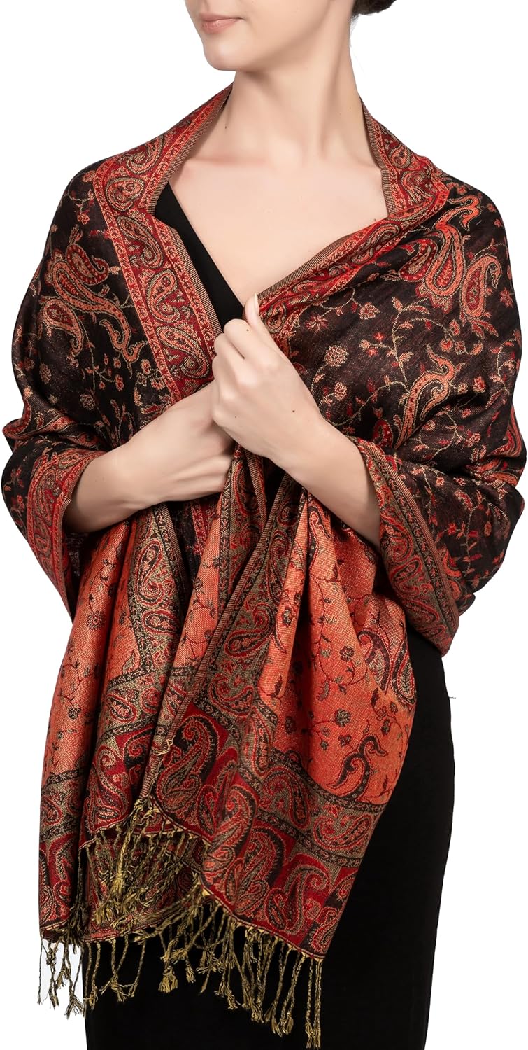Achillea Reversible Paisley Pashmina Rave Scarf – Exotic Indian Shawls and Wraps for Evening Dresses, Festivals, All Seasons