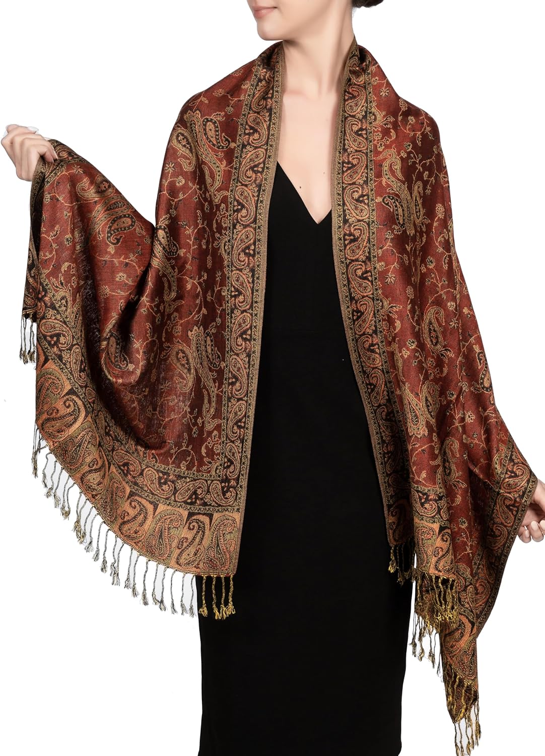 Achillea Reversible Paisley Pashmina Rave Scarf – Exotic Indian Shawls and Wraps for Evening Dresses, Festivals, All Seasons