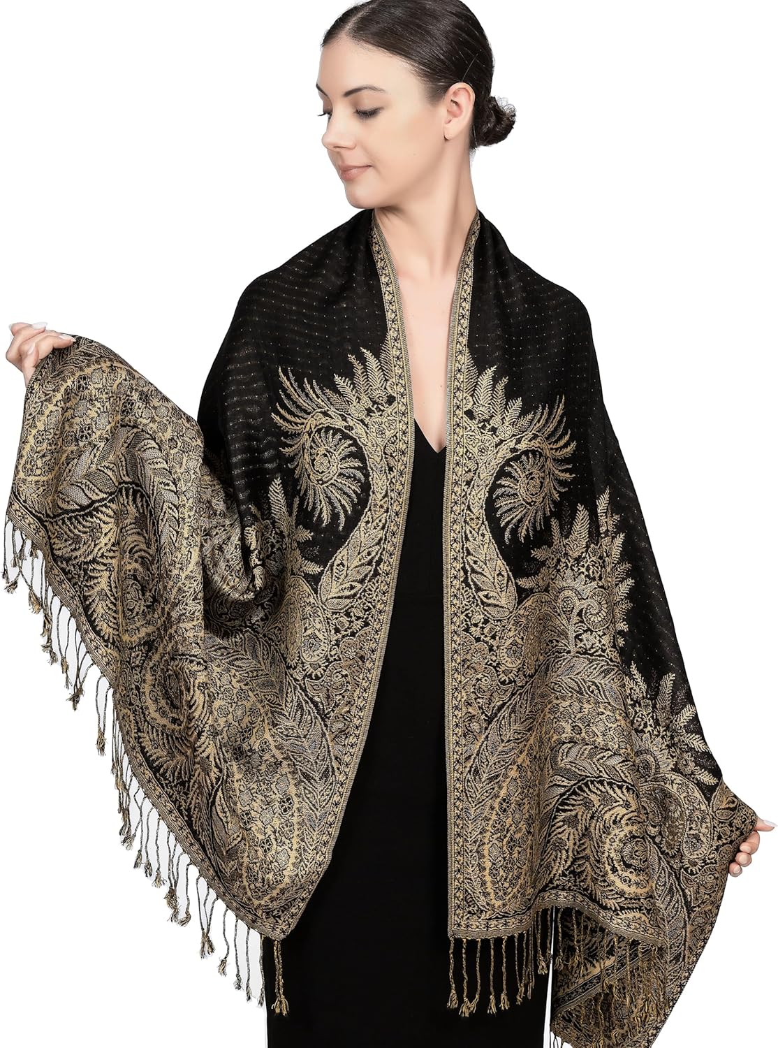 Achillea Reversible Paisley Pashmina Rave Scarf – Exotic Indian Shawls and Wraps for Evening Dresses, Festivals, All Seasons