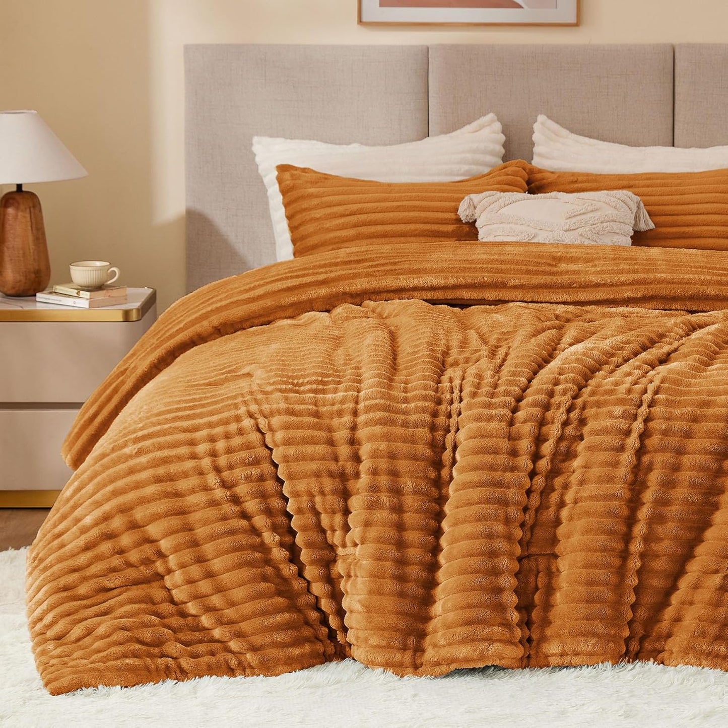 BEDELITE Fleece Comforter Set -Super Soft & Warm Fluffy Cream White Bedding, Luxury Fuzzy Heavy Bed Set for Winter with 2 Pillow Cases