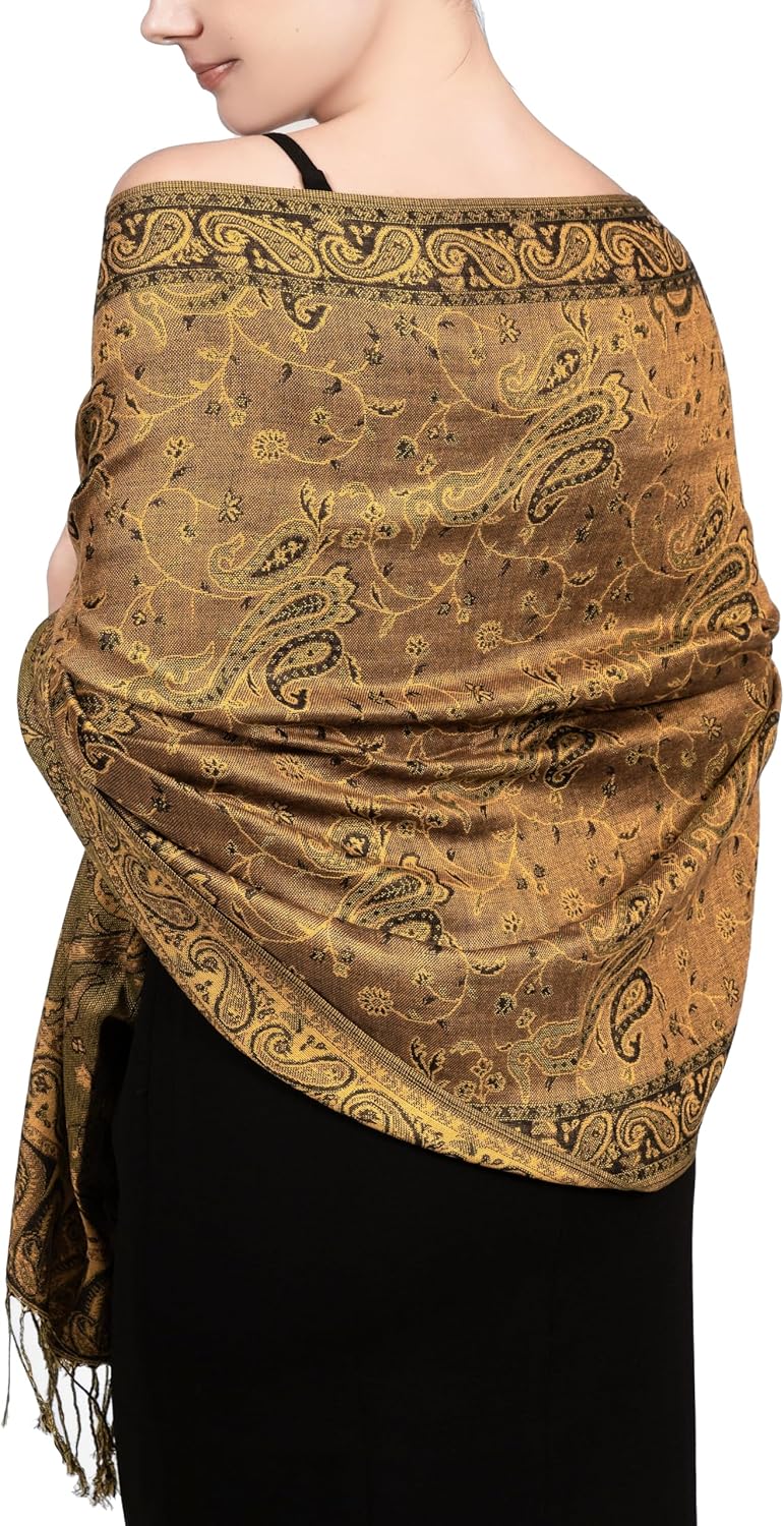 Achillea Reversible Paisley Pashmina Rave Scarf – Exotic Indian Shawls and Wraps for Evening Dresses, Festivals, All Seasons