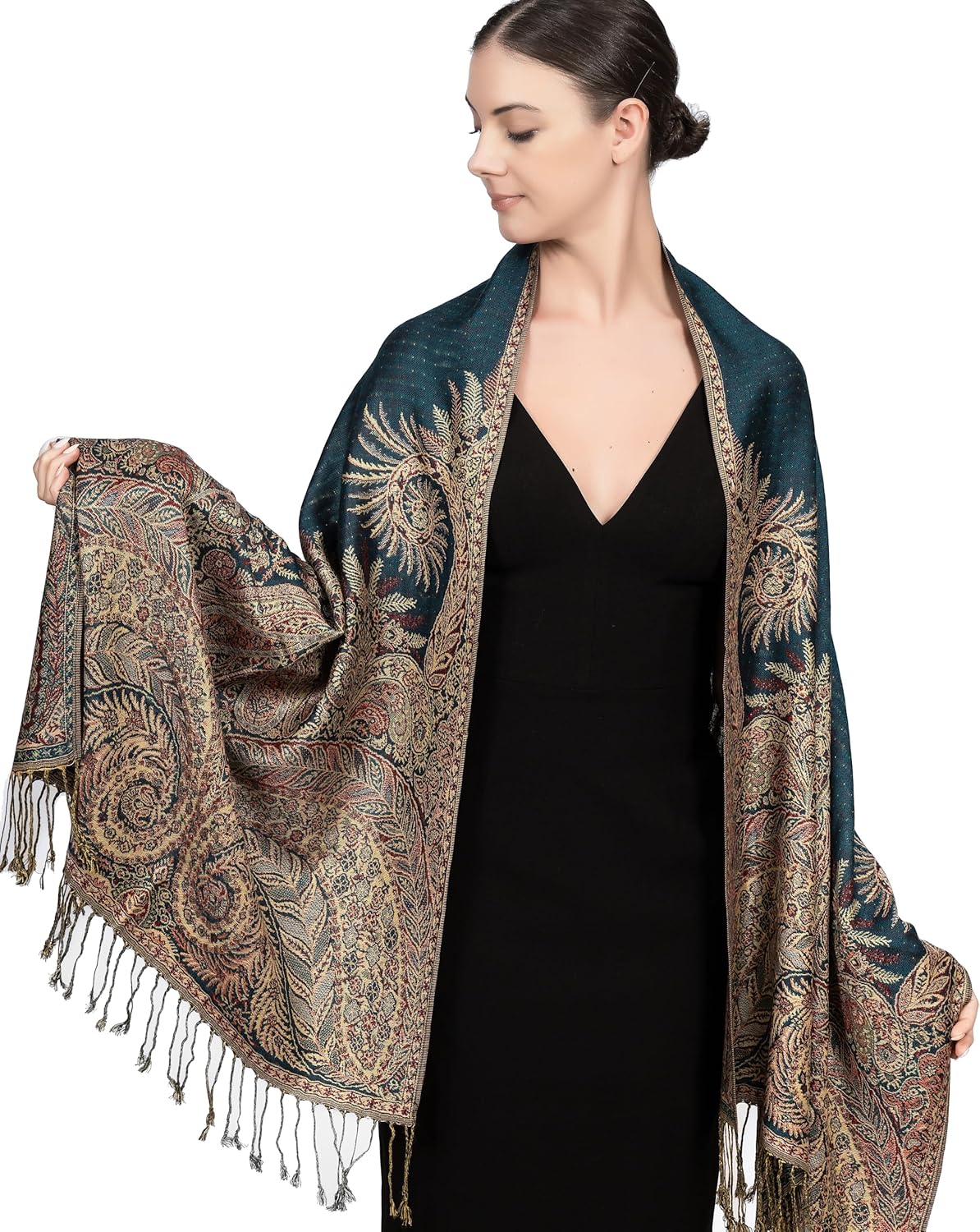 Achillea Reversible Paisley Pashmina Rave Scarf – Exotic Indian Shawls and Wraps for Evening Dresses, Festivals, All Seasons