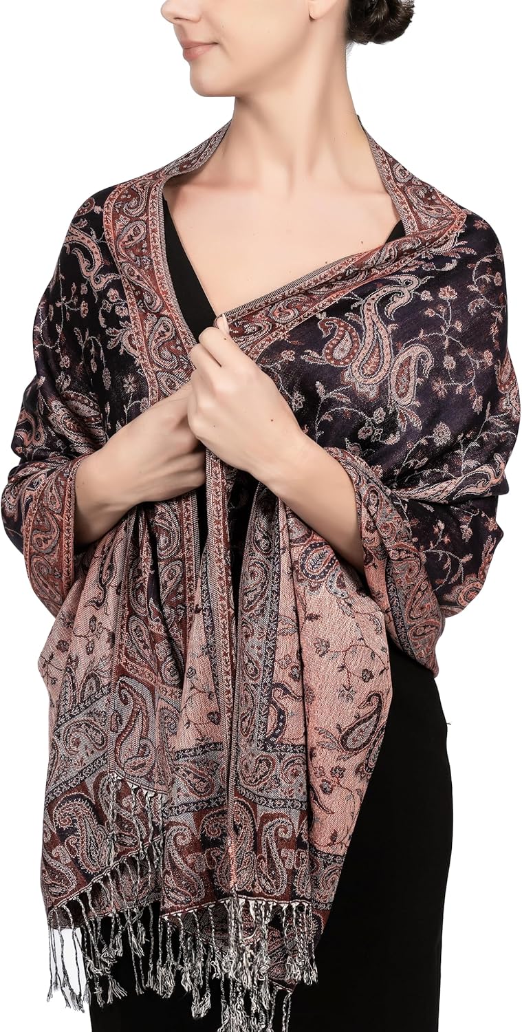 Achillea Reversible Paisley Pashmina Rave Scarf – Exotic Indian Shawls and Wraps for Evening Dresses, Festivals, All Seasons