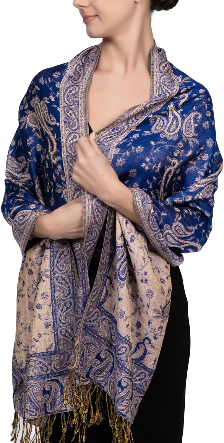 Achillea Reversible Paisley Pashmina Rave Scarf – Exotic Indian Shawls and Wraps for Evening Dresses, Festivals, All Seasons