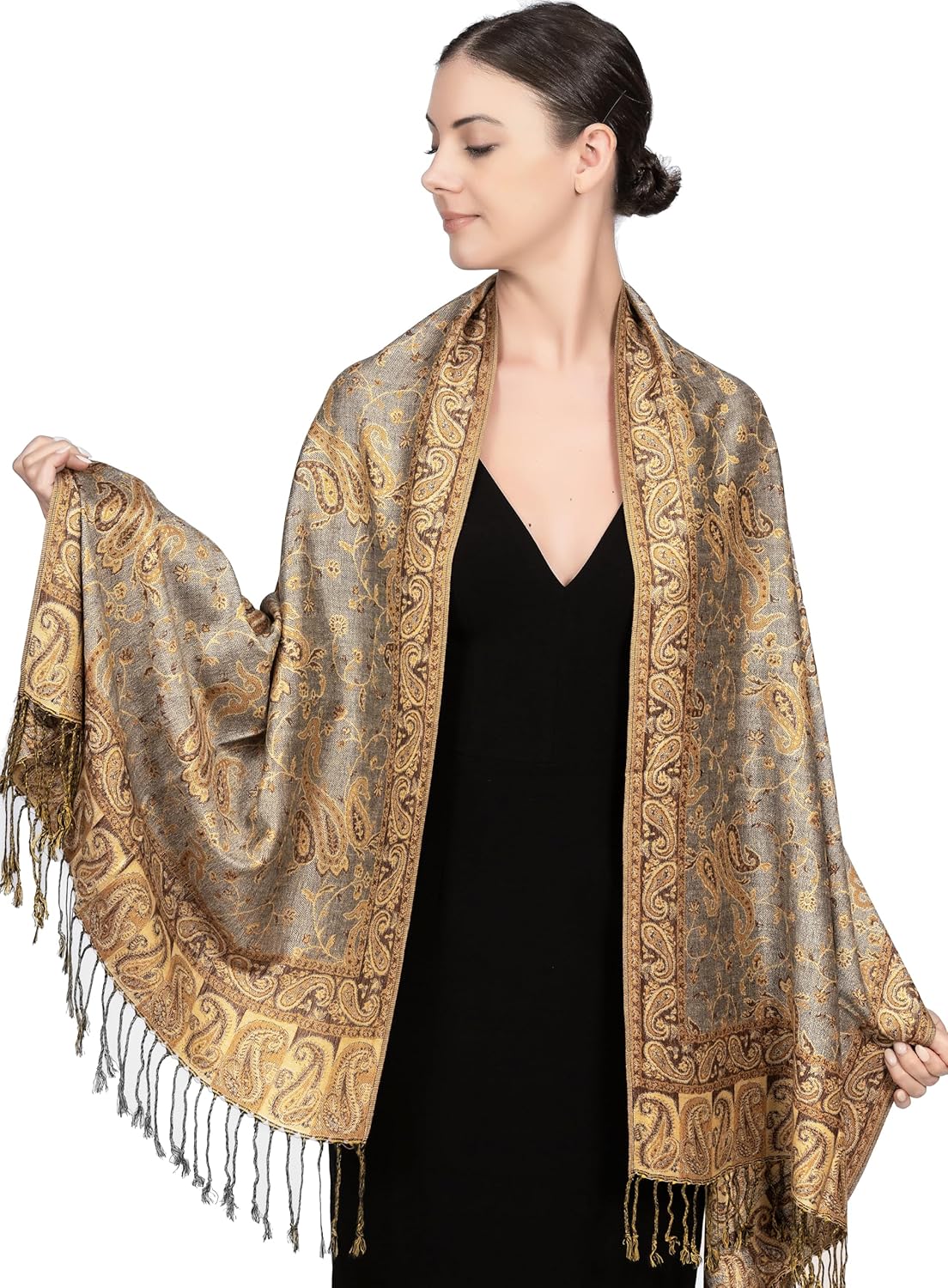 Achillea Reversible Paisley Pashmina Rave Scarf – Exotic Indian Shawls and Wraps for Evening Dresses, Festivals, All Seasons