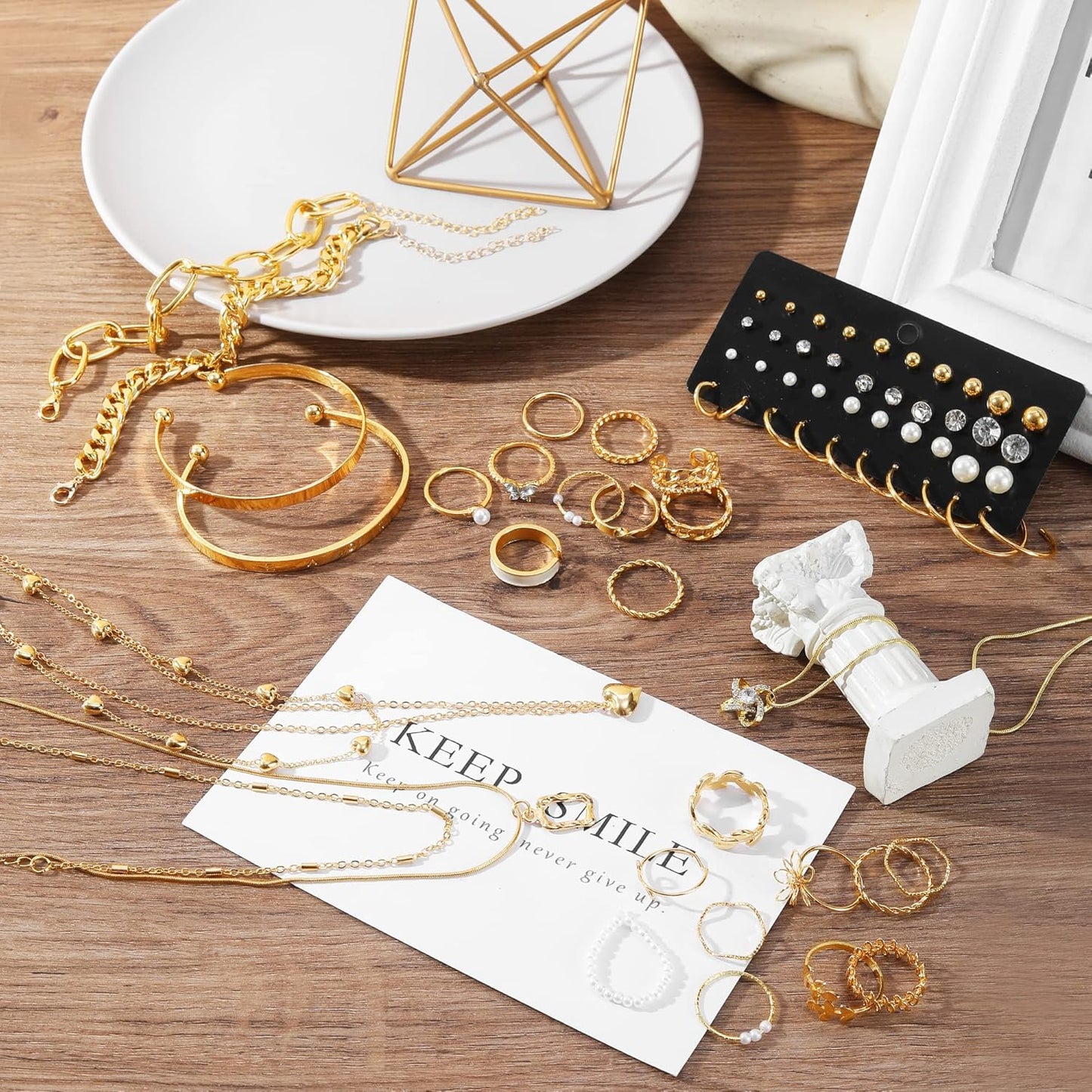 IFKM Gold Plated Jewelry Set for Women,14k Gold Plated Multi Layer Necklaces Stackable Bangle Bracelets Stackable Rings Hoop Earrings Set Anniversary Trendy Elegance Charms Anniversary Birthday Jewelry Gift