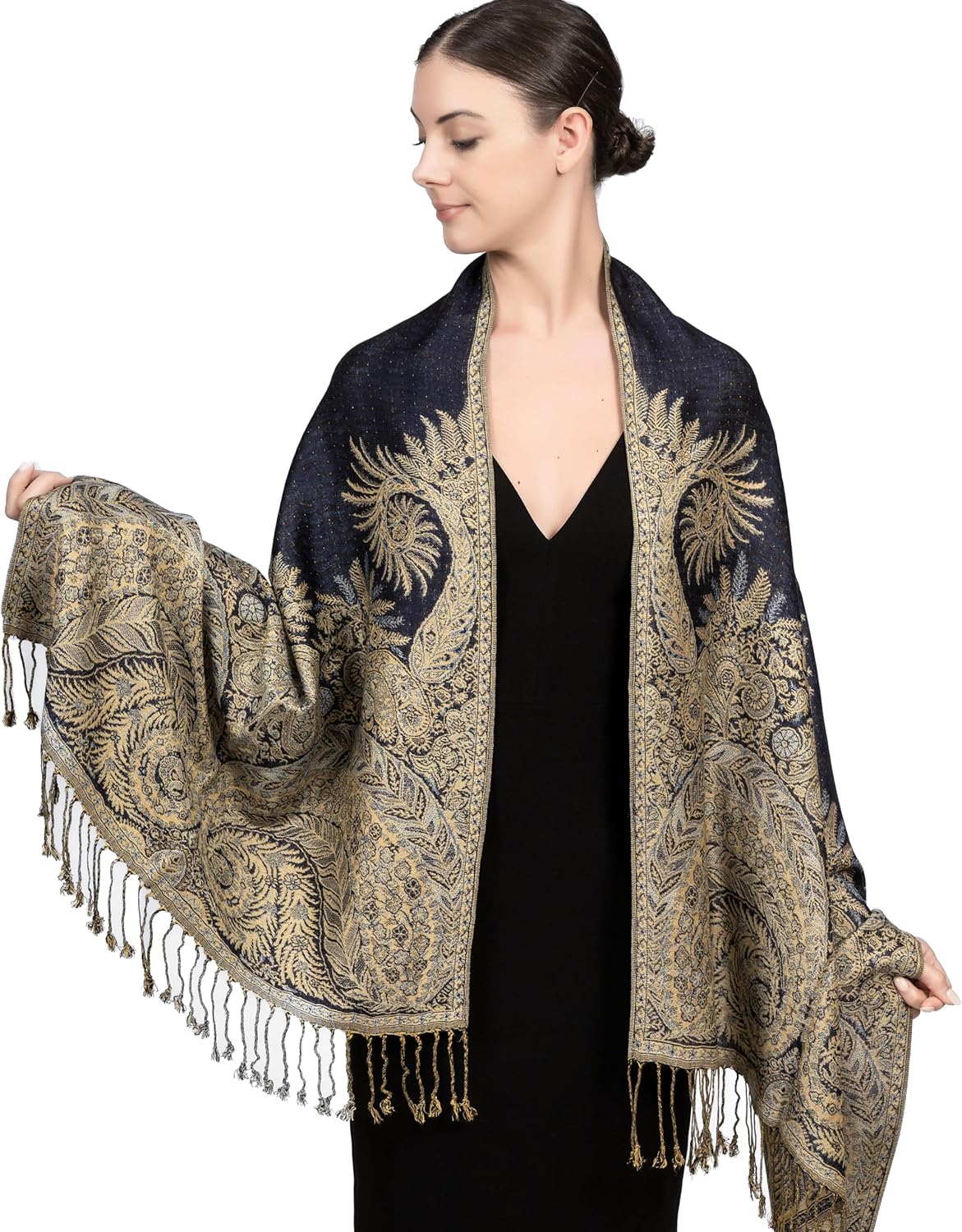 Achillea Reversible Paisley Pashmina Rave Scarf – Exotic Indian Shawls and Wraps for Evening Dresses, Festivals, All Seasons