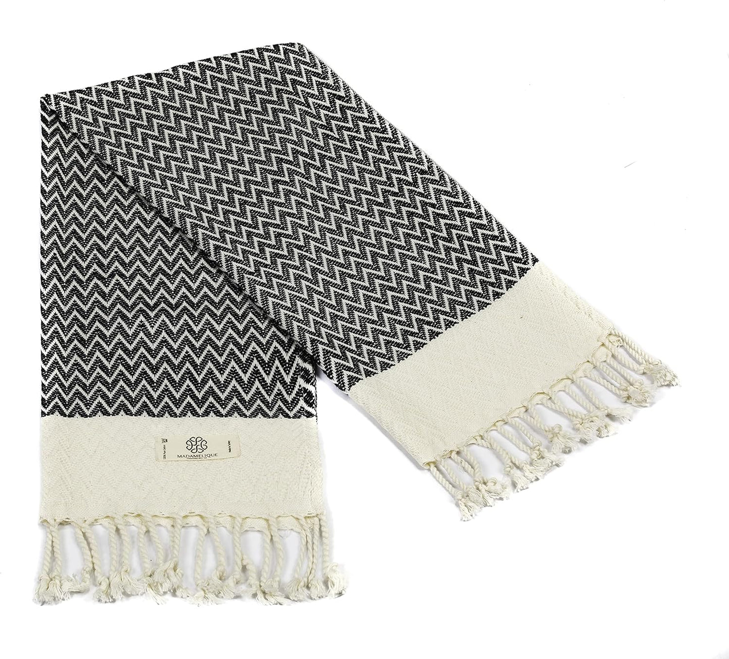 Madamelique Exclusive Hand Towels Set of 2-18 x 40 Inches - Decorative Bathroom Peshtemal Towel for Hand, Face, Hair, Yoga, Tea, Dishcloth, Kitchen and Bath - 100% Pure Cotton (Black)