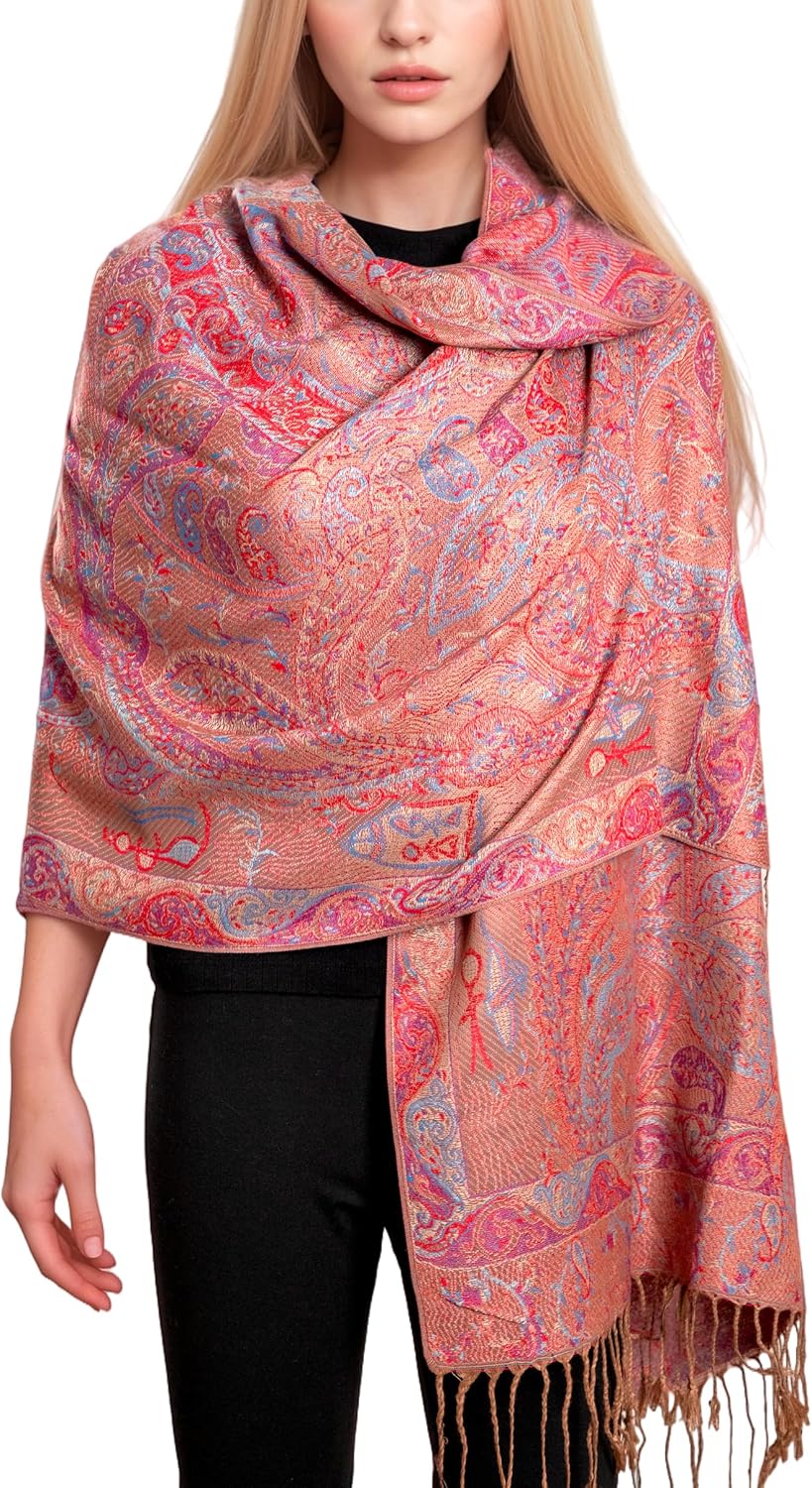 Achillea Reversible Paisley Pashmina Rave Scarf – Exotic Indian Shawls and Wraps for Evening Dresses, Festivals, All Seasons