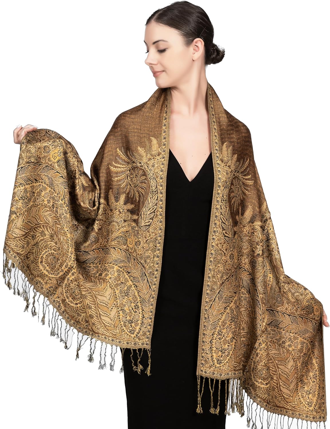 Achillea Reversible Paisley Pashmina Rave Scarf – Exotic Indian Shawls and Wraps for Evening Dresses, Festivals, All Seasons