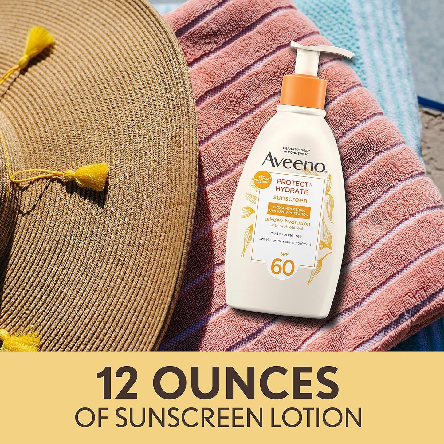 Aveeno Protect + Hydrate Sunscreen Moisturizing Lotion with Prebiotic Oat, Broad SPF60, Paraben, & Oil Free, Weightless, Water & Sweat Resistant (80-min) for Sensitive Skin, 12 Fl Oz
