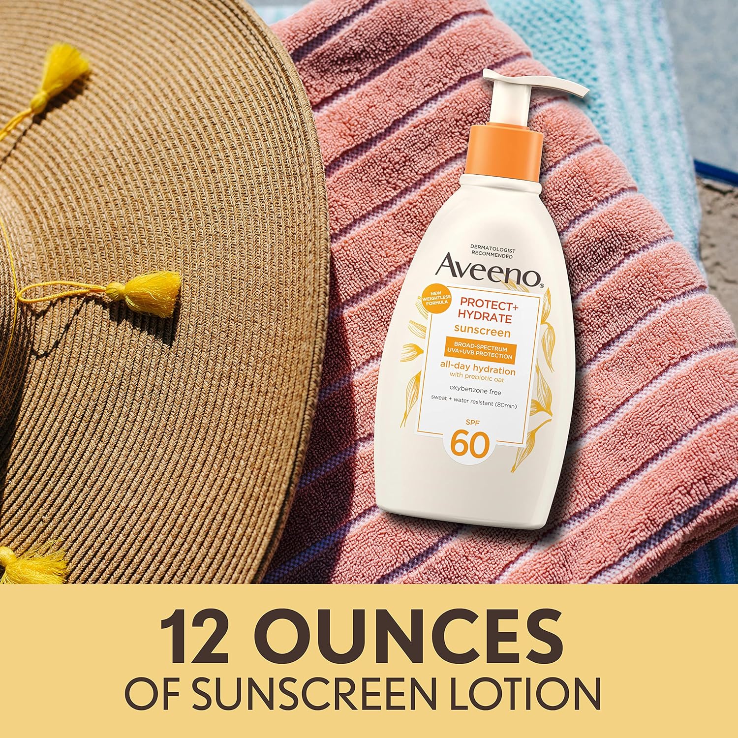 Aveeno Protect + Hydrate Sunscreen Moisturizing Lotion with Prebiotic Oat, Broad SPF60, Paraben, & Oil Free, Weightless, Water & Sweat Resistant (80-min) for Sensitive Skin, 12 Fl Oz