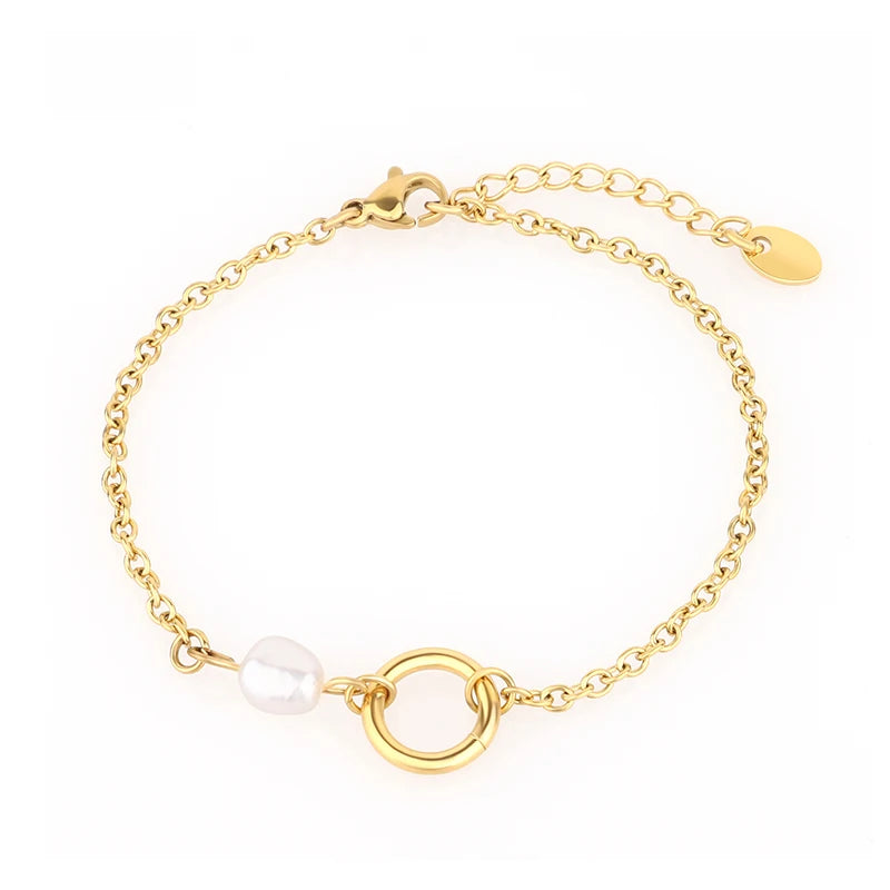 18K Gold Plated Stainless Steel Link Chain Nature Freshwater Pearl Pendant Bracelet Jewelry Bracelet Women