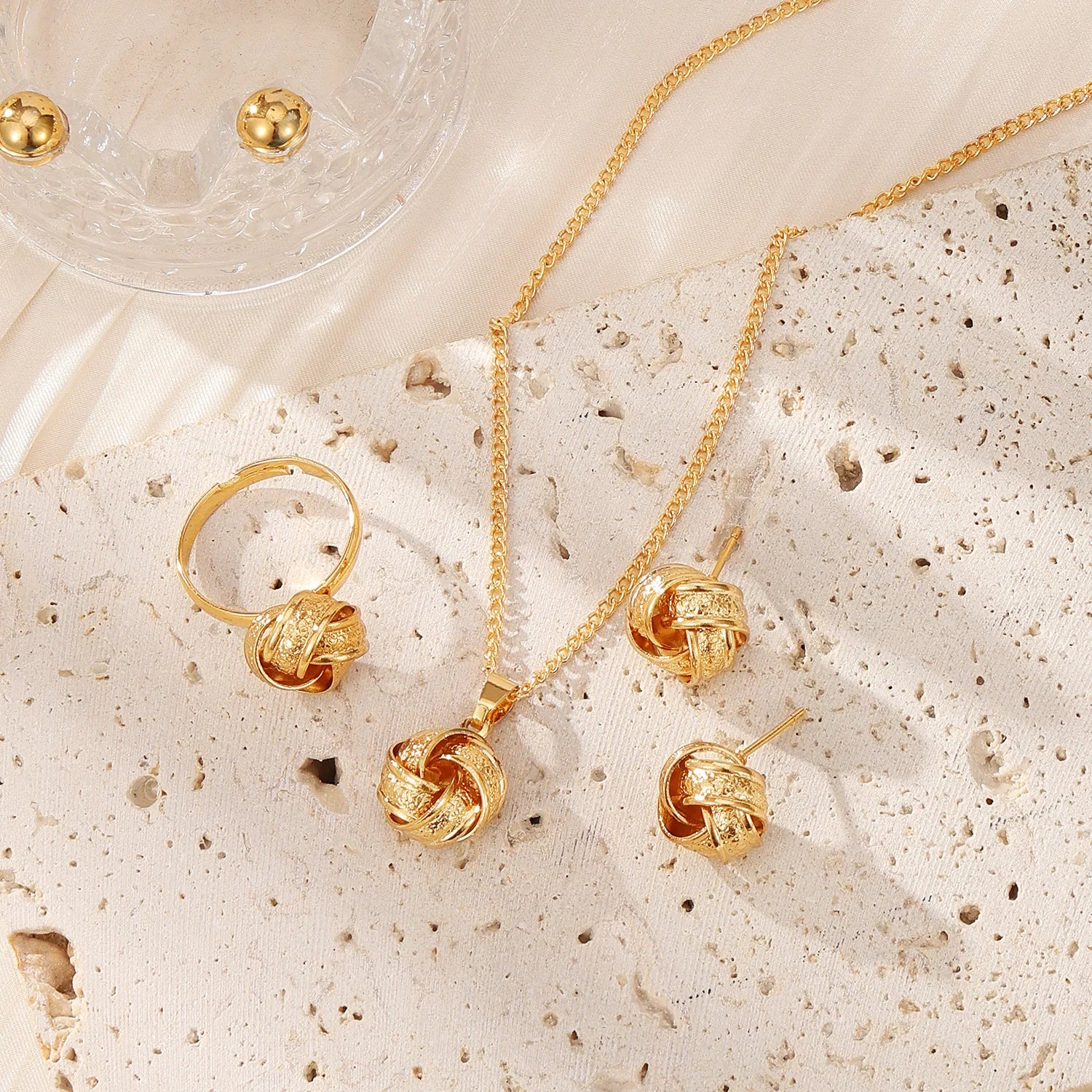 Luxury Golden Braided Knot Jewelry Set Necklace Earrings Ring Elegant Fashion Accessories for Women